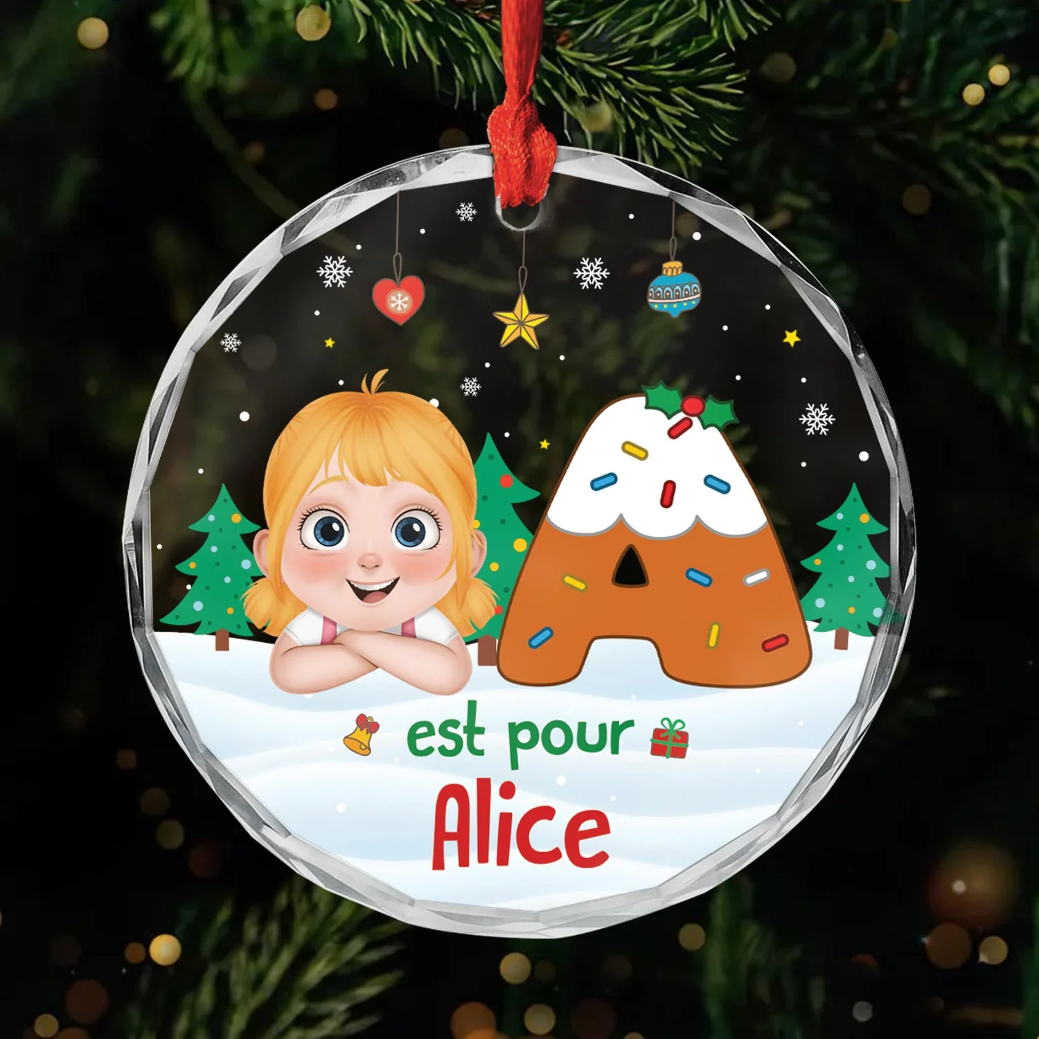 Ornement Verre Enfant “A est pour Alice” – Idée Cadeau Noël Personnalisé