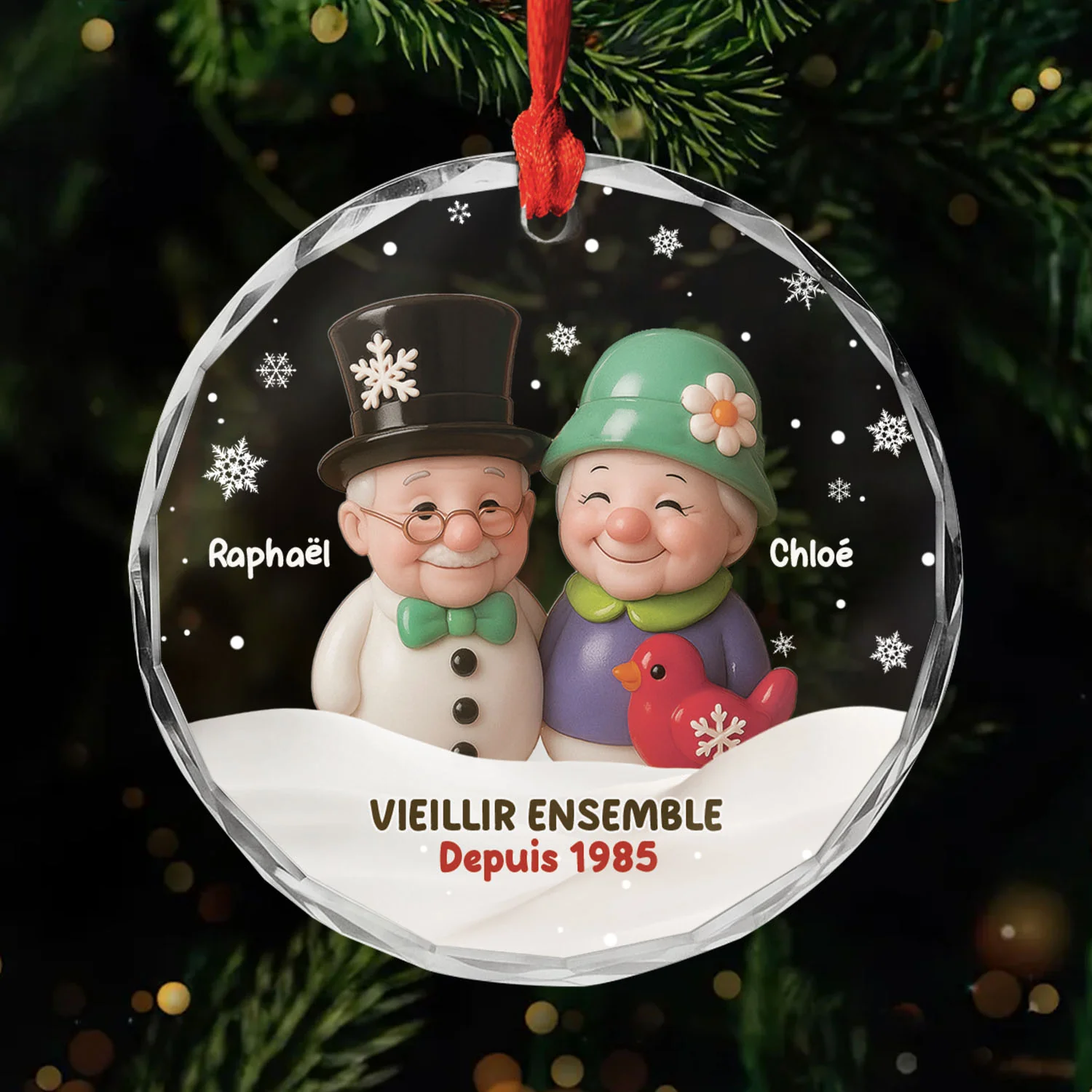 Ornement En Verre Personnalisé Couple - Bonhomme De Neige Vieillir Ensemble 3D