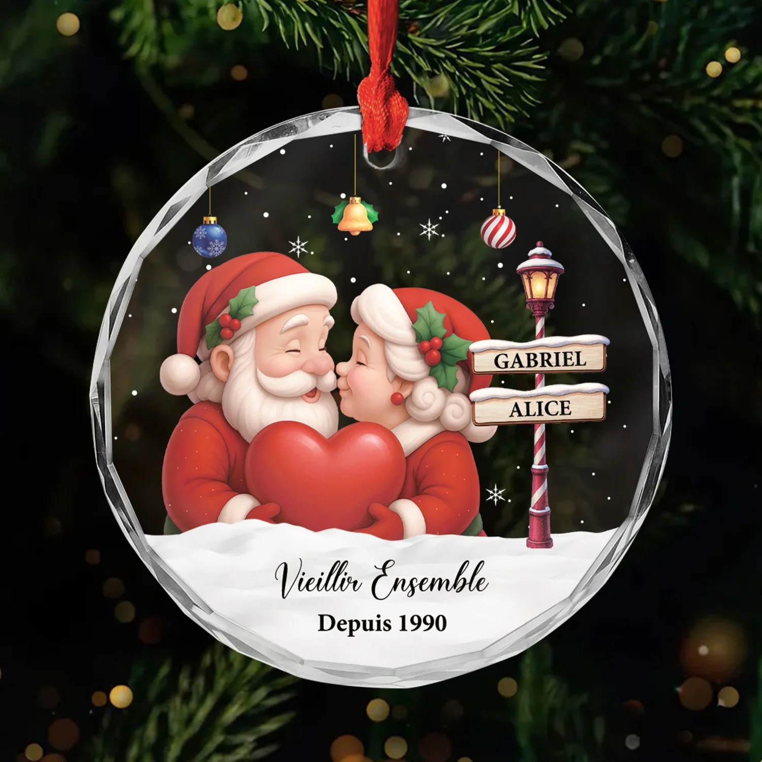 Ornement En Verre Personnalisé Couple Père Noël - Vieillir Ensemble
