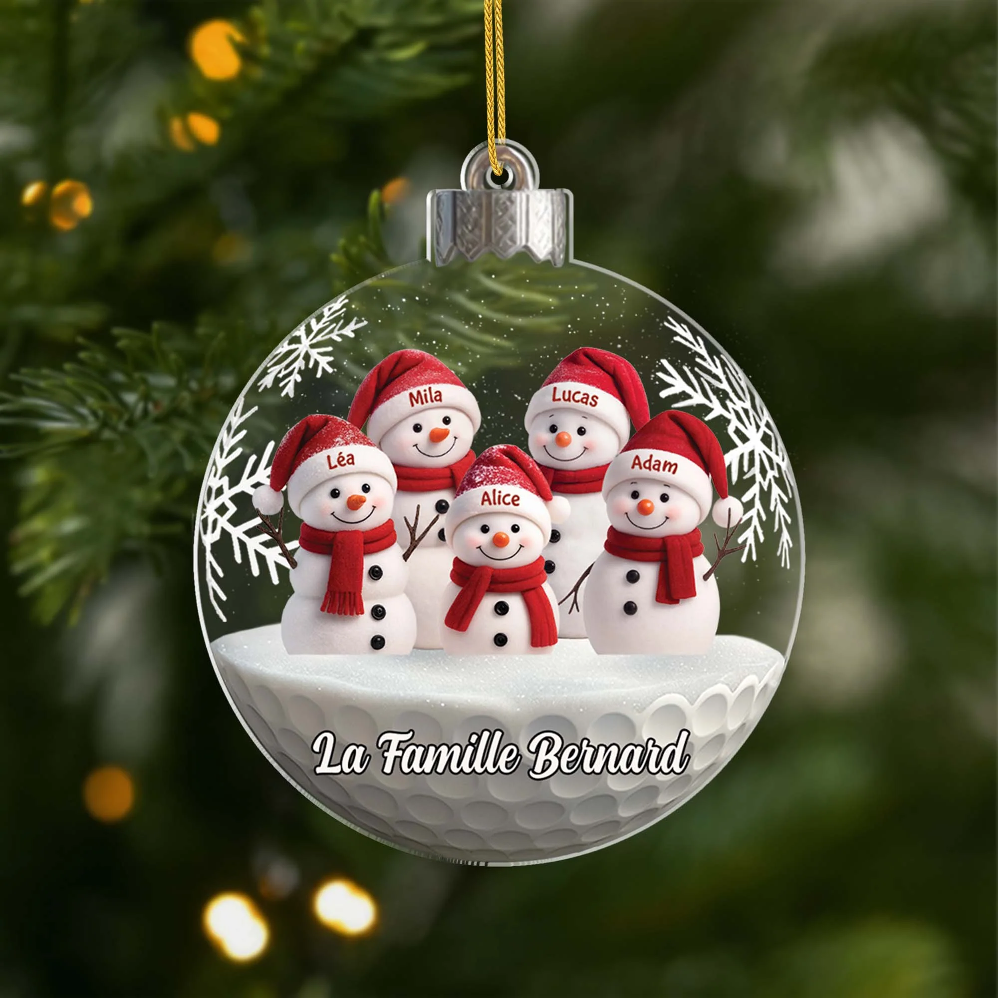 Ornement Noël Acrylique Personnalisé - Famille Avec Bonhomme De Neige