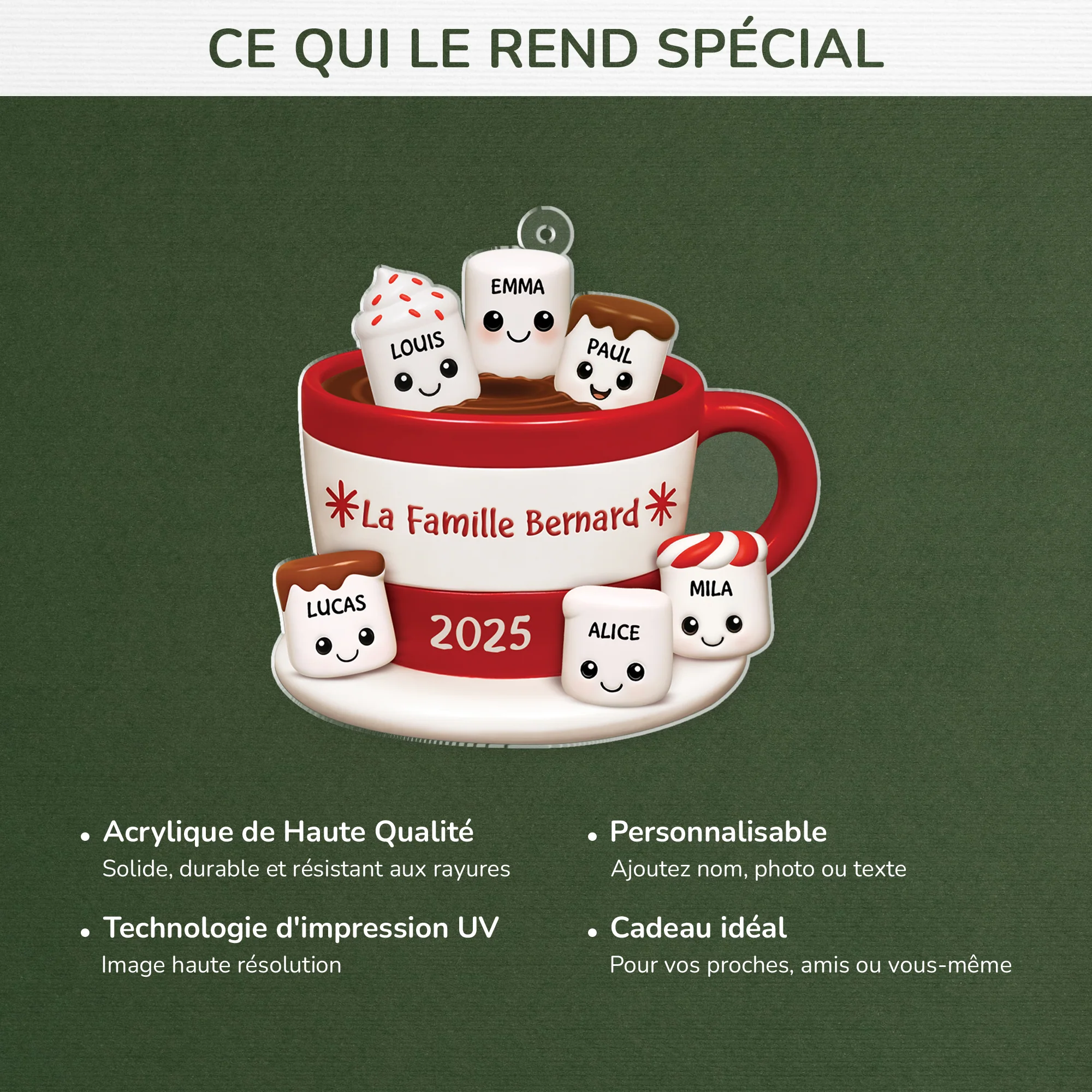 Ornement Noël Acrylique Personnalisé Famille - Chocolat Chaud À La Guimauve - Image 4