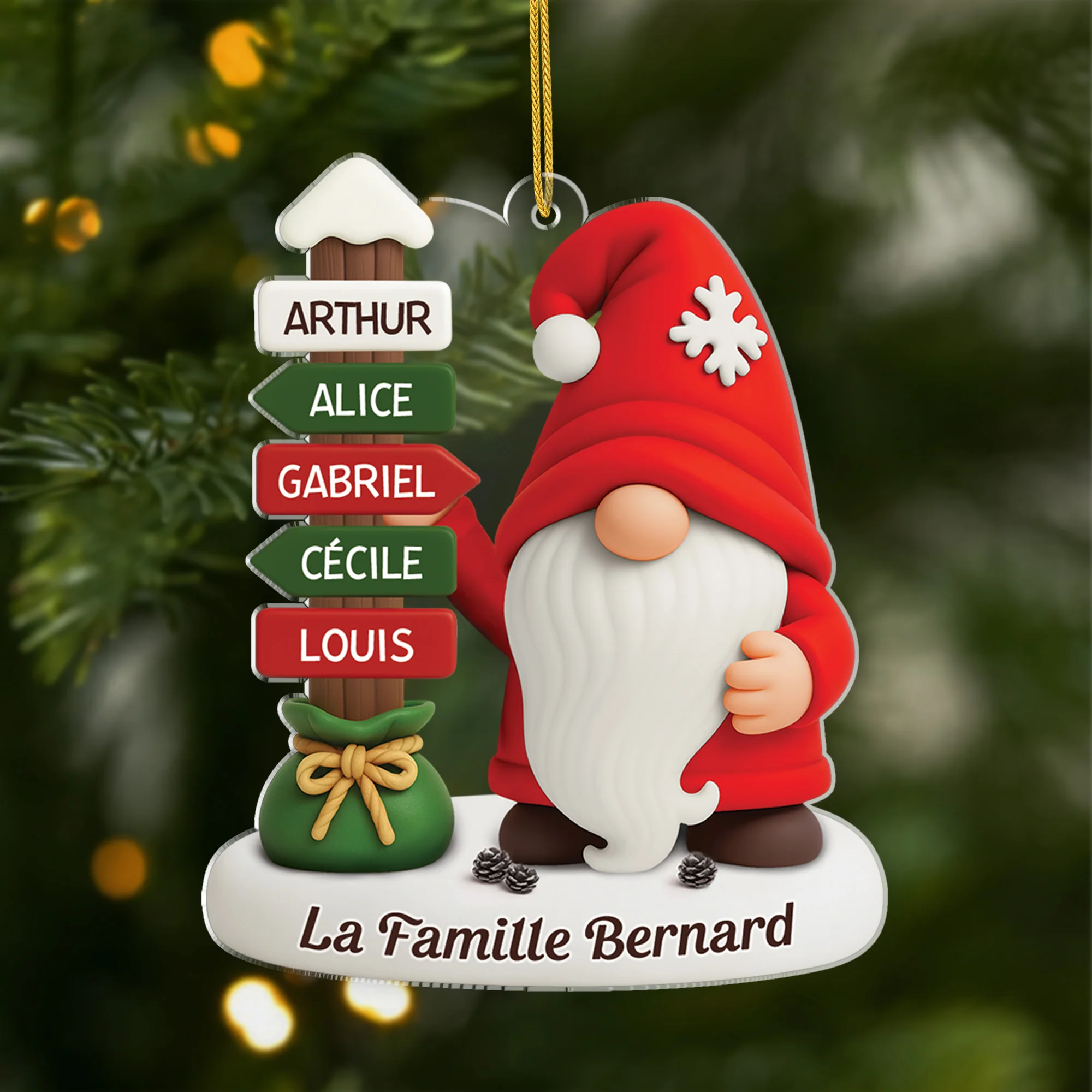 Ornement Noël Acrylique Personnalisé Famille - Gnome Avec Prénoms