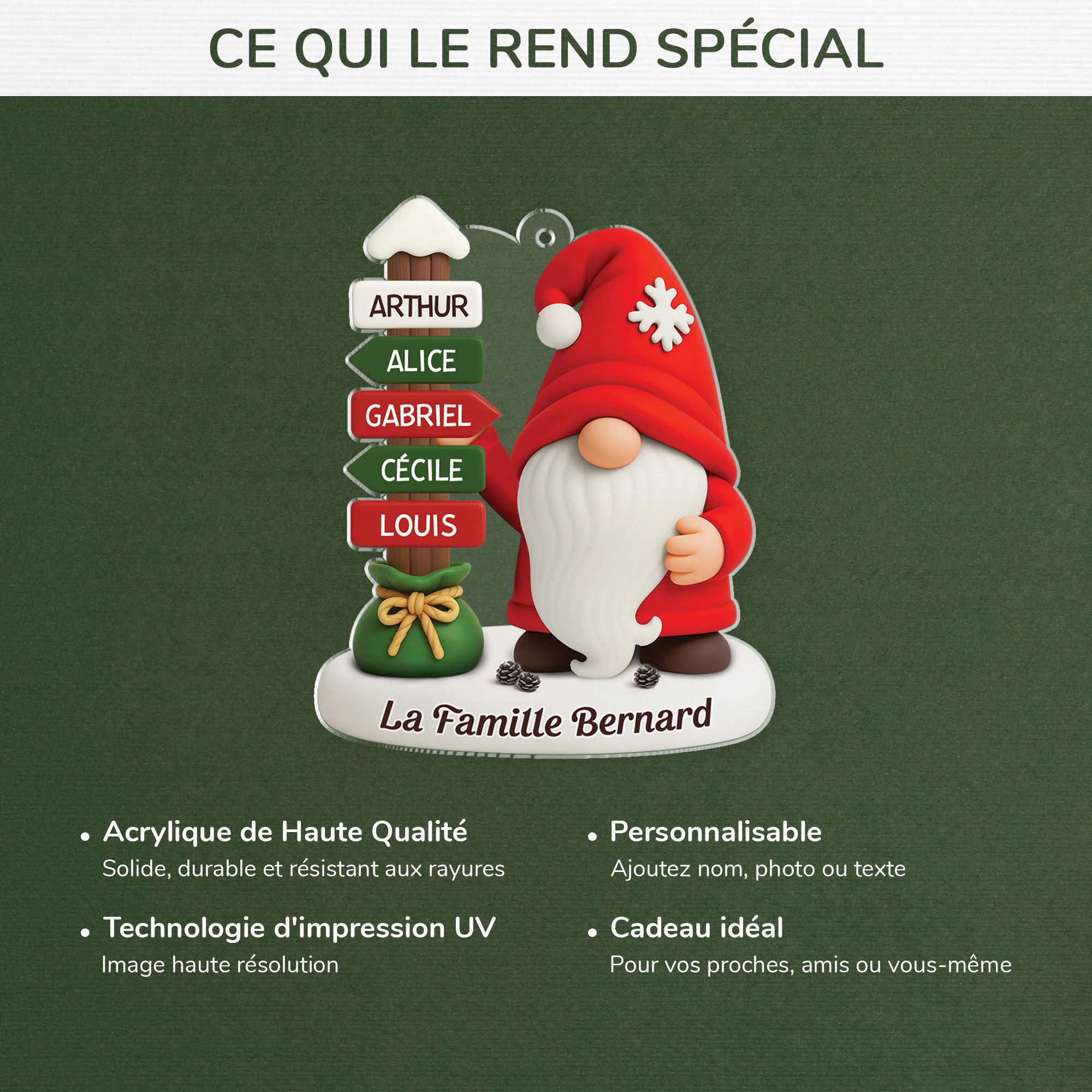 Ornement Noël Acrylique Personnalisé Famille - Gnome Avec Prénoms - Image 4