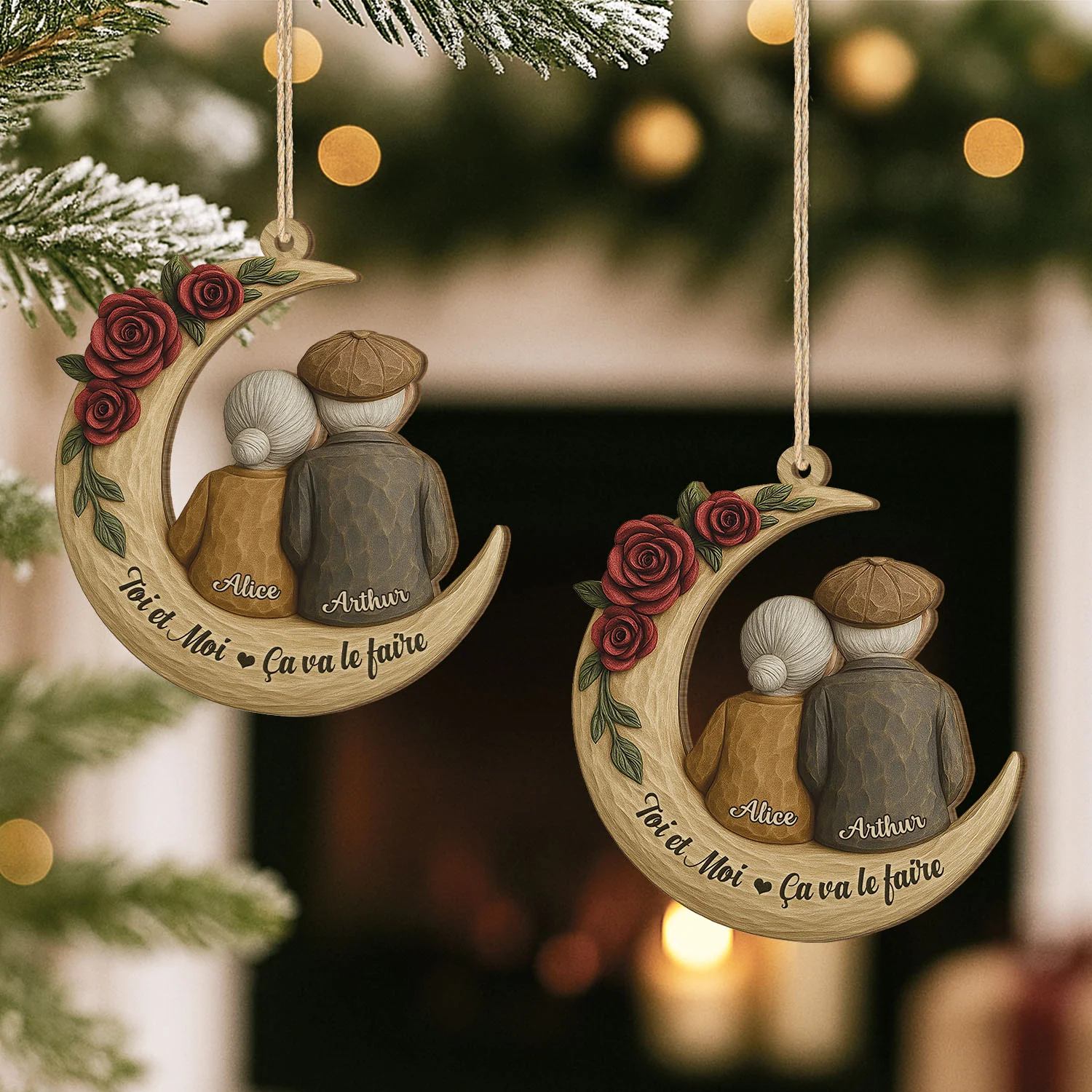 Ornement Noël En Bois À 1 Couche Personnalisé Couple - S'Embêter L'un L'autre - Image 2