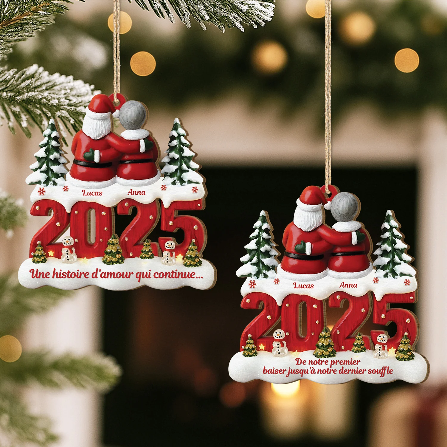 Ornement Noël En Bois À 1 Couche Personnalisé Couple - Une Histoire D’amour - Image 2