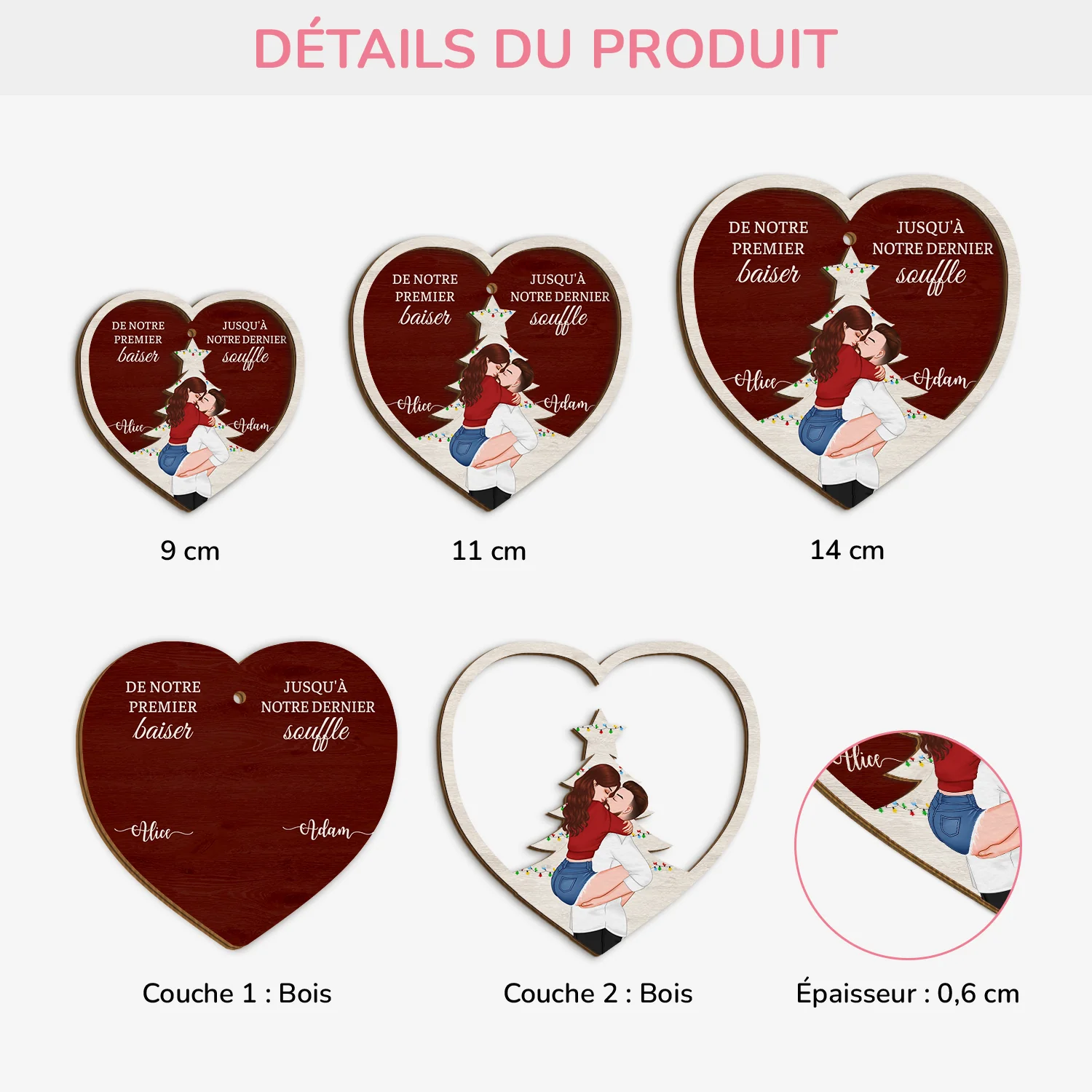 Ornement Noël En Bois À 2 Couches Couple Personnalisé - De Notre Premier Baiser - Image 3