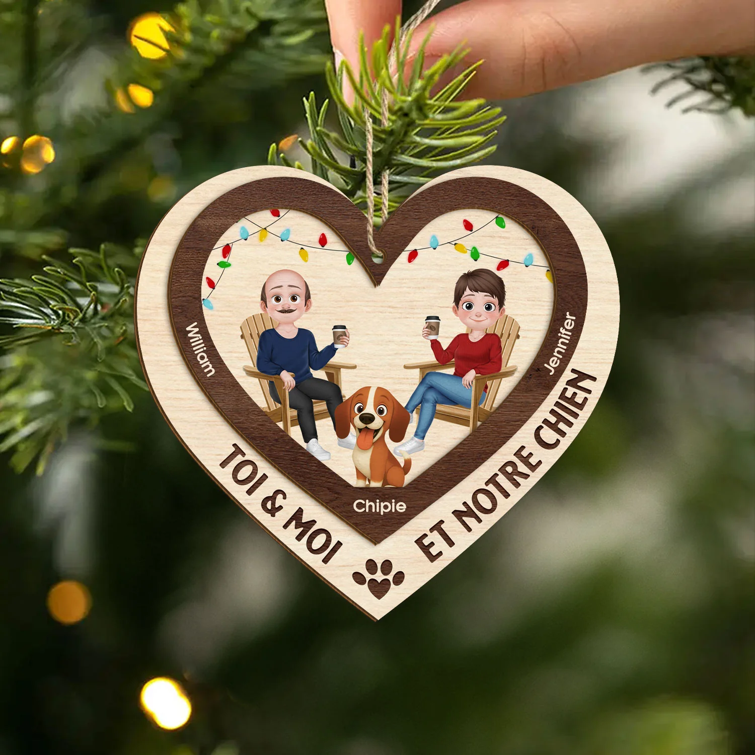 Ornement Noël En Bois À 2 Couches Personnalisé Couple - Toi Moi Et Notre Chien - Image 2