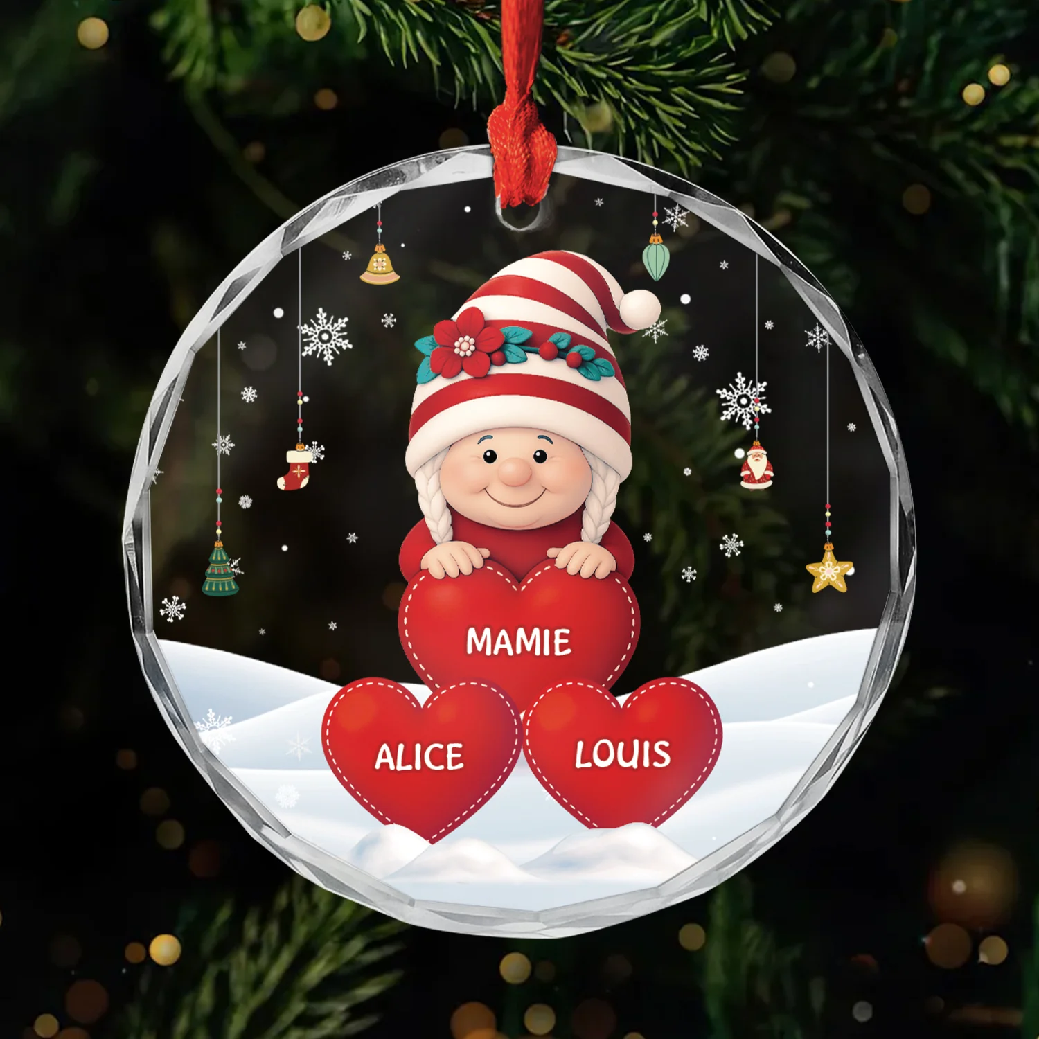 Ornement Noël En Verre Personnalisé Avec Prénom - Maman Mamie Gnome Noël