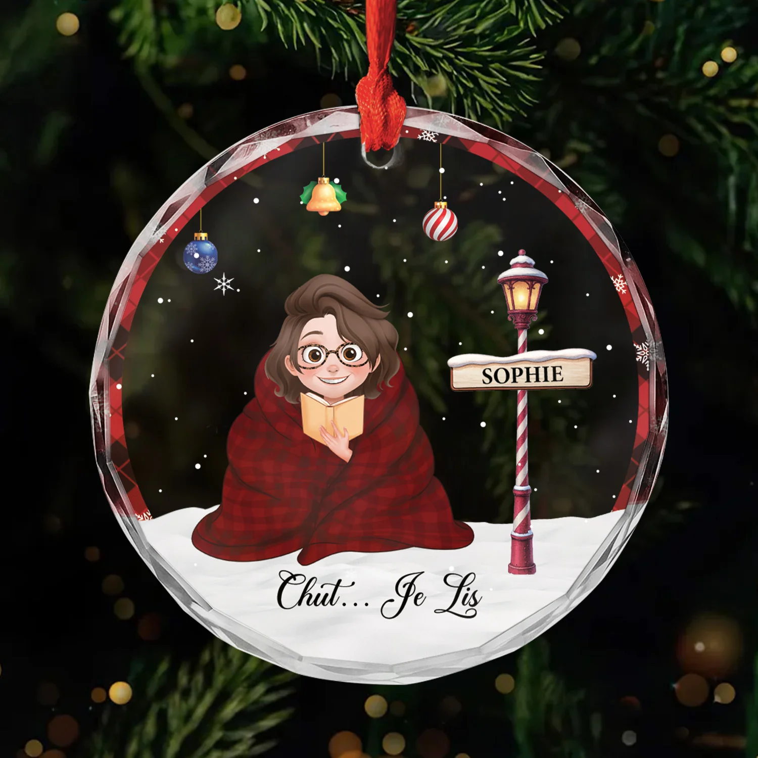 Ornement Noël En Verre Personnalisé - Chut Je Lis Mes Livres