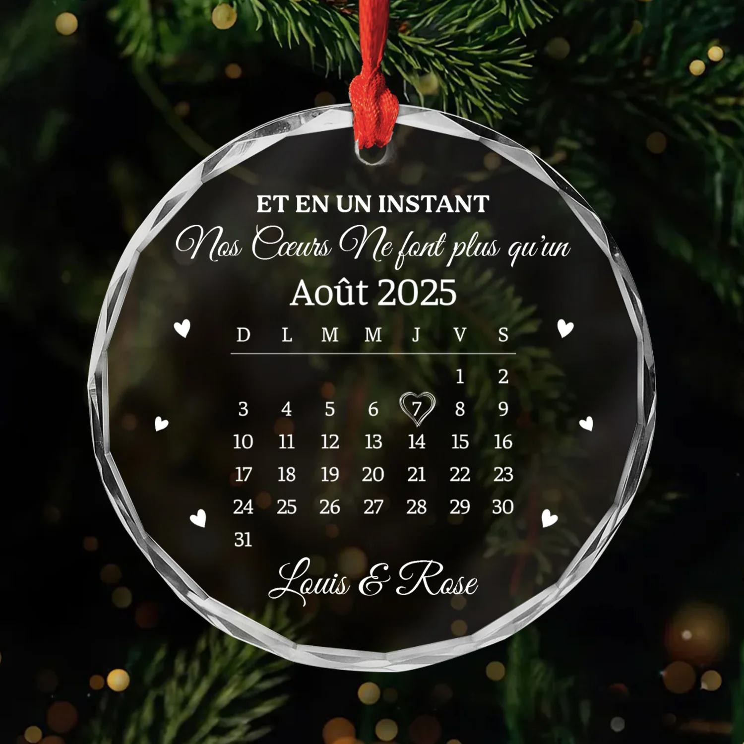 Ornement Noël En Verre Personnalisé Couple Avec Calendrier - Nos Cœurs Ne Font Plus Qu’un