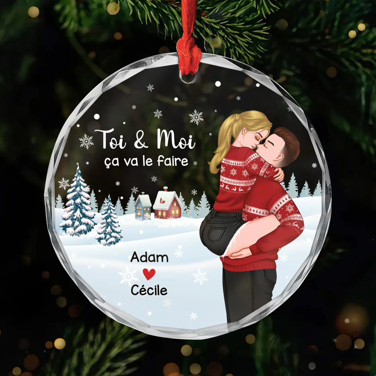 Ornement Noël En Verre Personnalisé Couple Dans Neige - Toi Et Moi Ça Va Le Faire