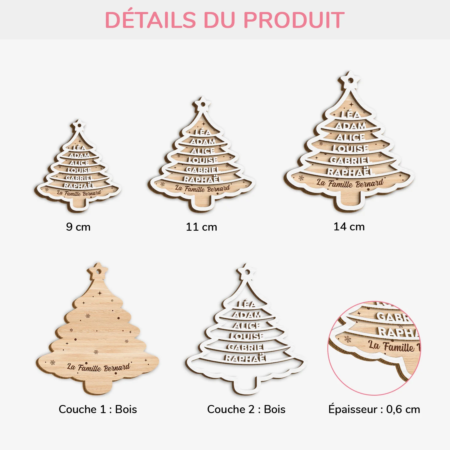 Ornement Noël Famille Sapin En Bois À 2 Couches Personnalisé - Image 3