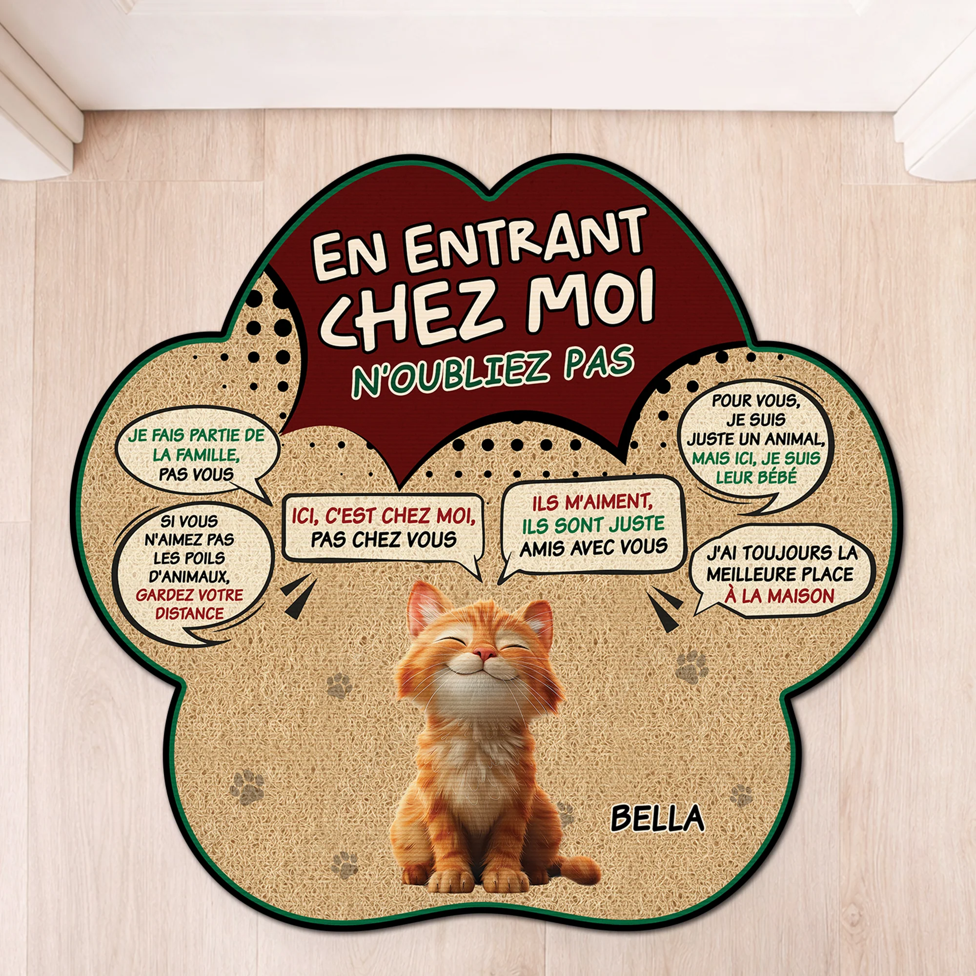 Paillasson Personnalisé Chat – En Entrant Chez Moi Forme Découpée