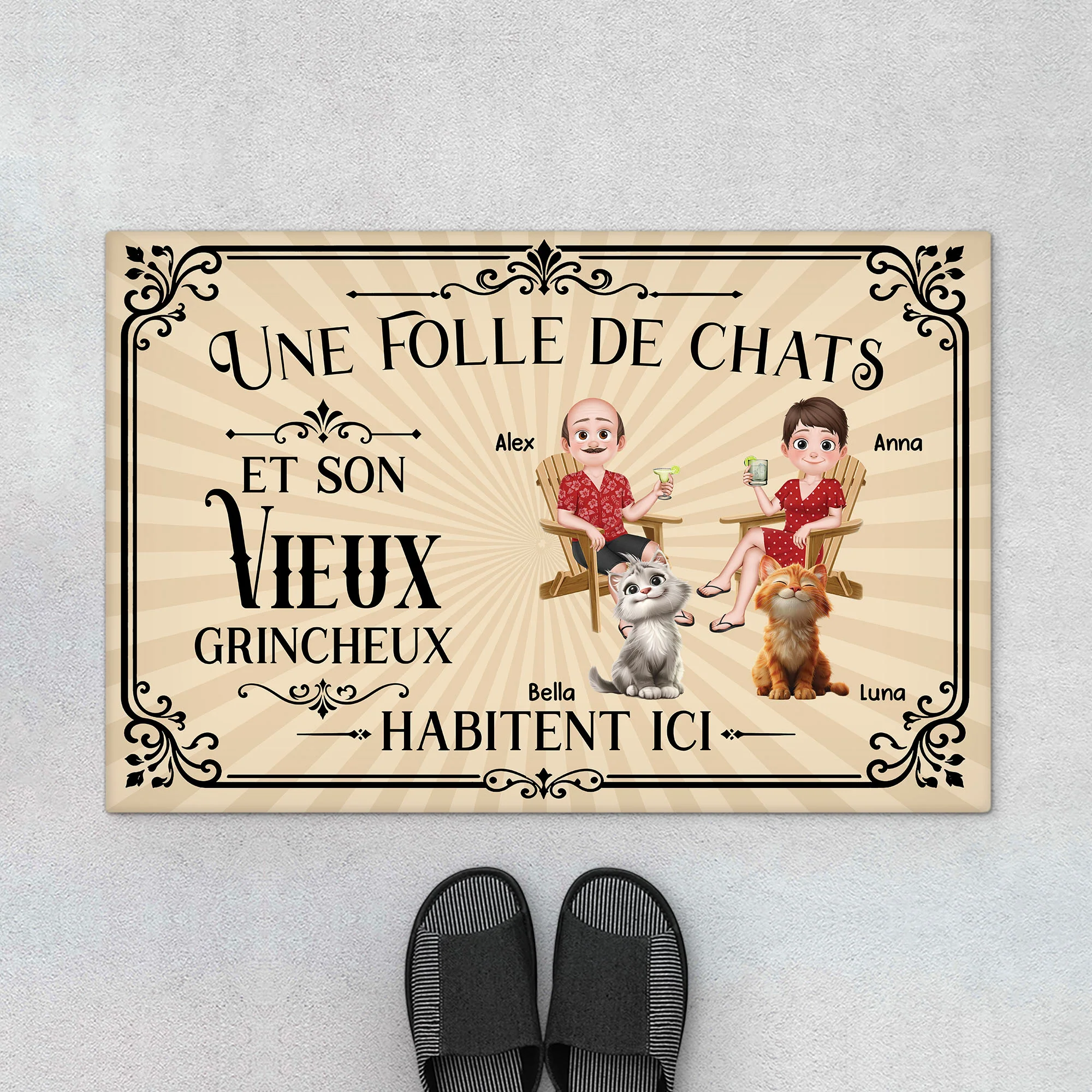 Paillasson Personnalisé Chat Et Couple - Folle De Chats Et Son Vieux Grincheux