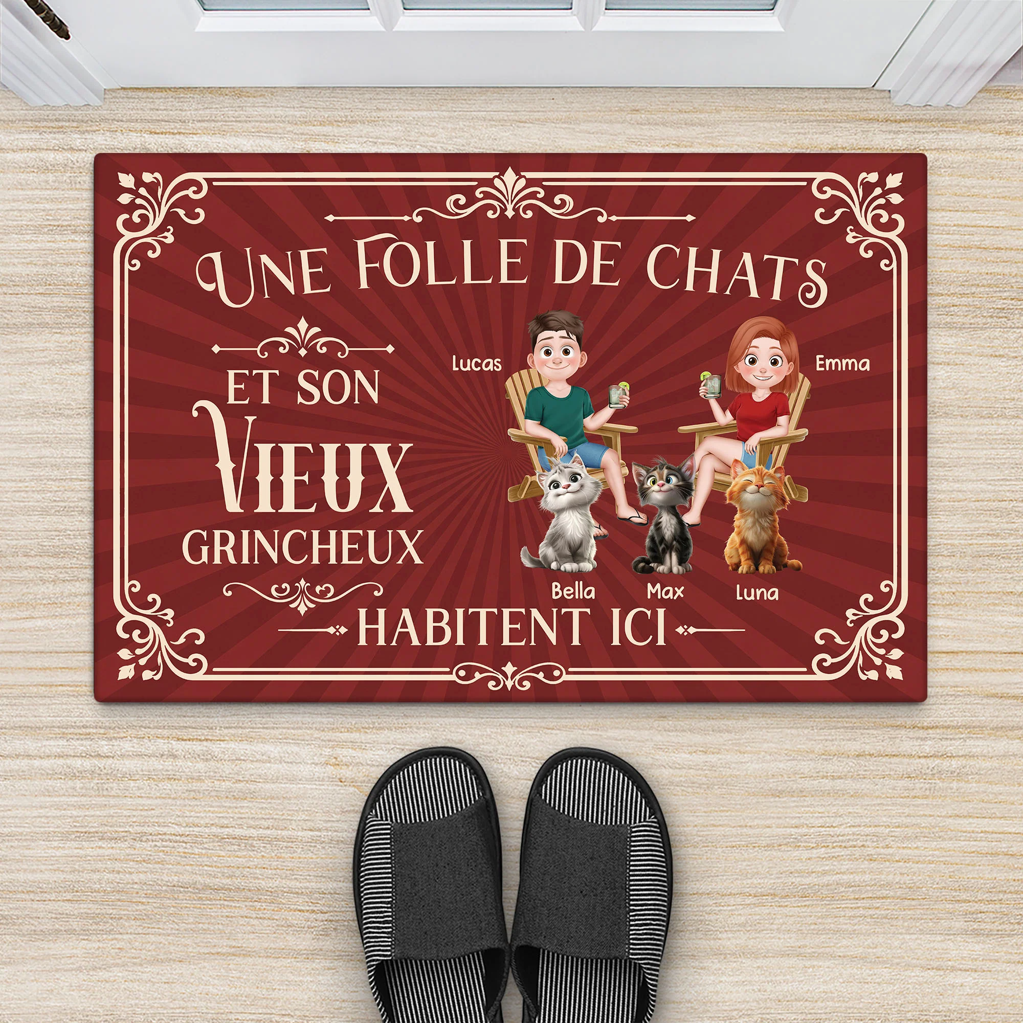 Paillasson Personnalisé Chat Et Couple - Folle De Chats Et Son Vieux Grincheux - Image 2