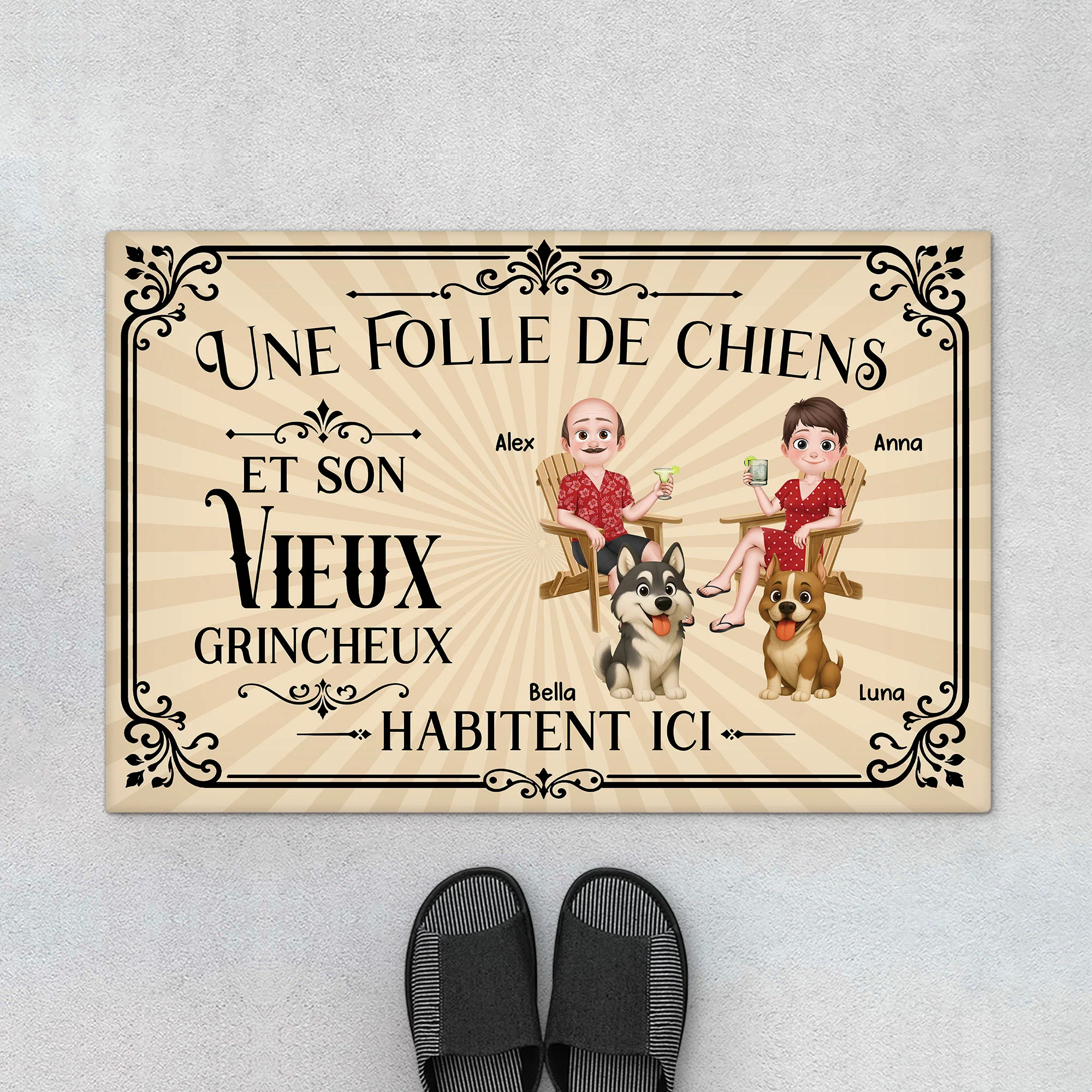 Paillasson Personnalisé Chien Et Couple - Folle De Chiens Et Son Vieux Grincheux