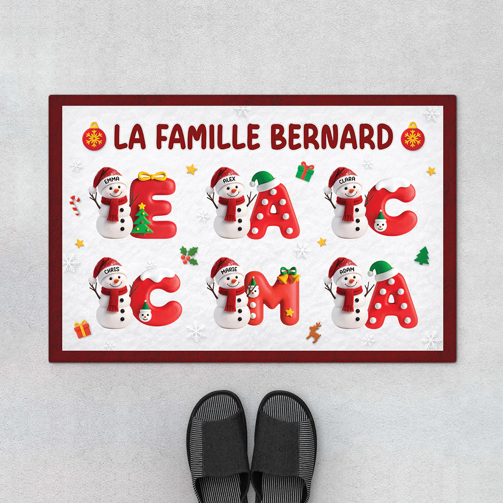 Tapis Noël Personnalisé – Bonhomme De Neige Famille Prénoms