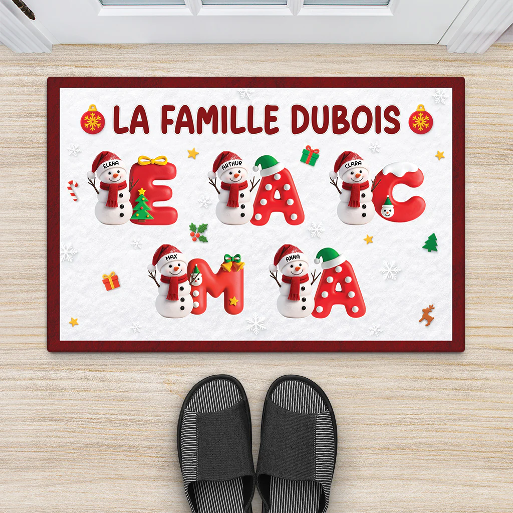 Tapis Noël Personnalisé – Bonhomme De Neige Famille Prénoms - Image 2