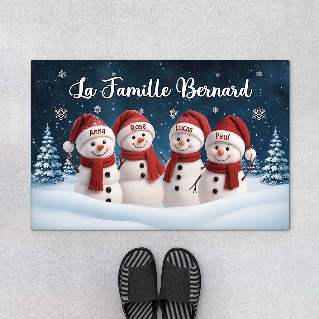 Tapis d'Entrée Noël Personnalisé – Bonhomme De Neige Famille Et Animaux