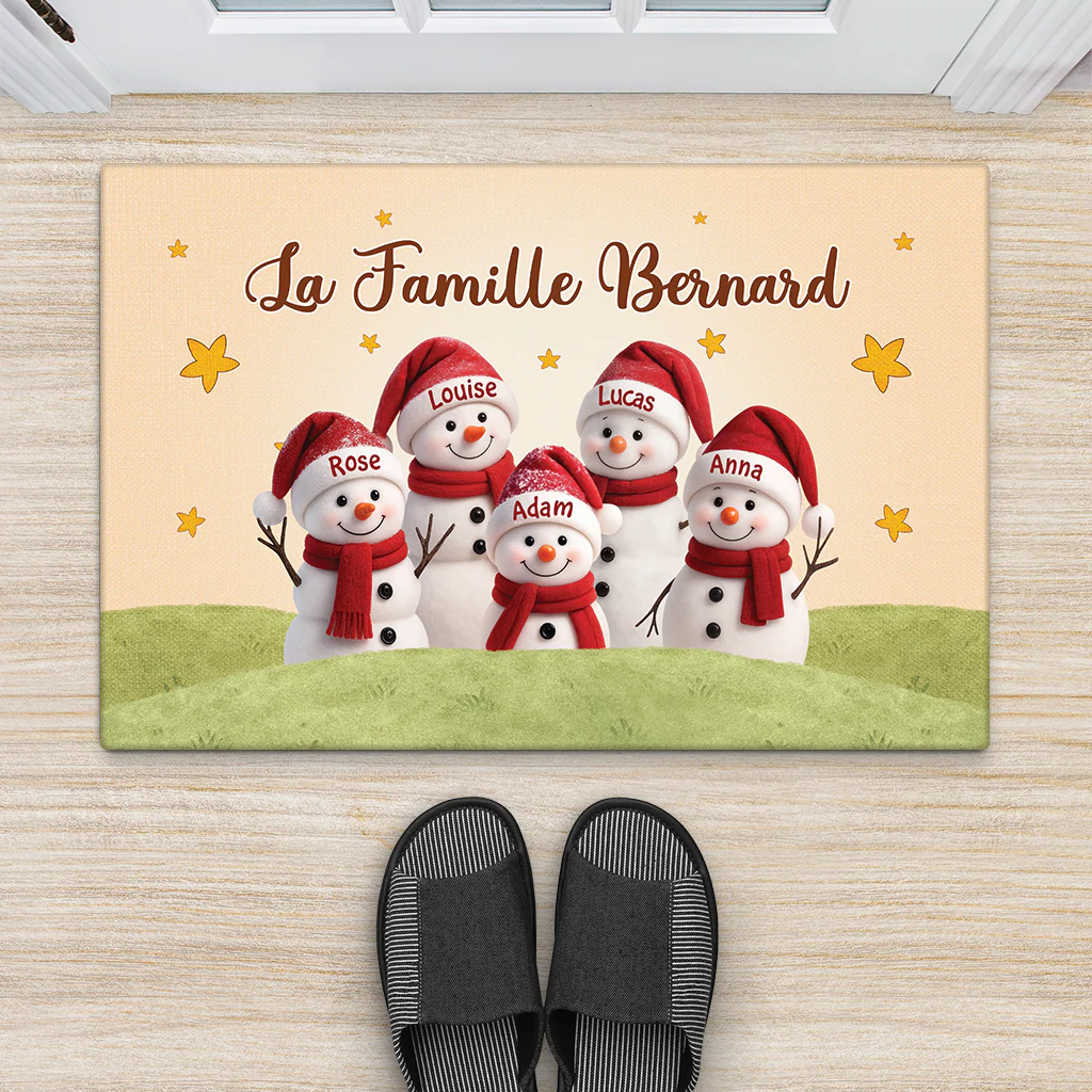 Tapis d'Entrée Noël Personnalisé – Bonhomme De Neige Famille Et Animaux - Image 2