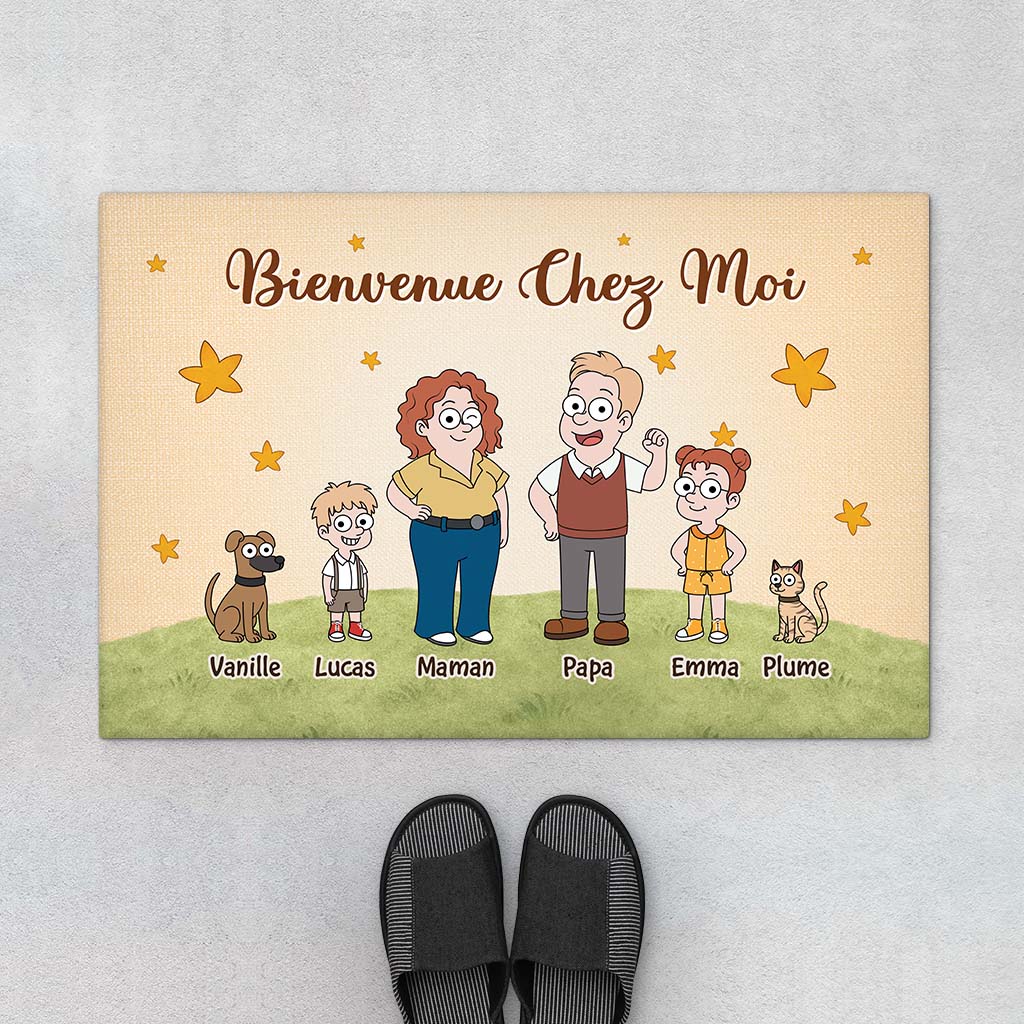 Paillasson Bienvenue Personnalisé – Famille Et Animaux Design Cartoon