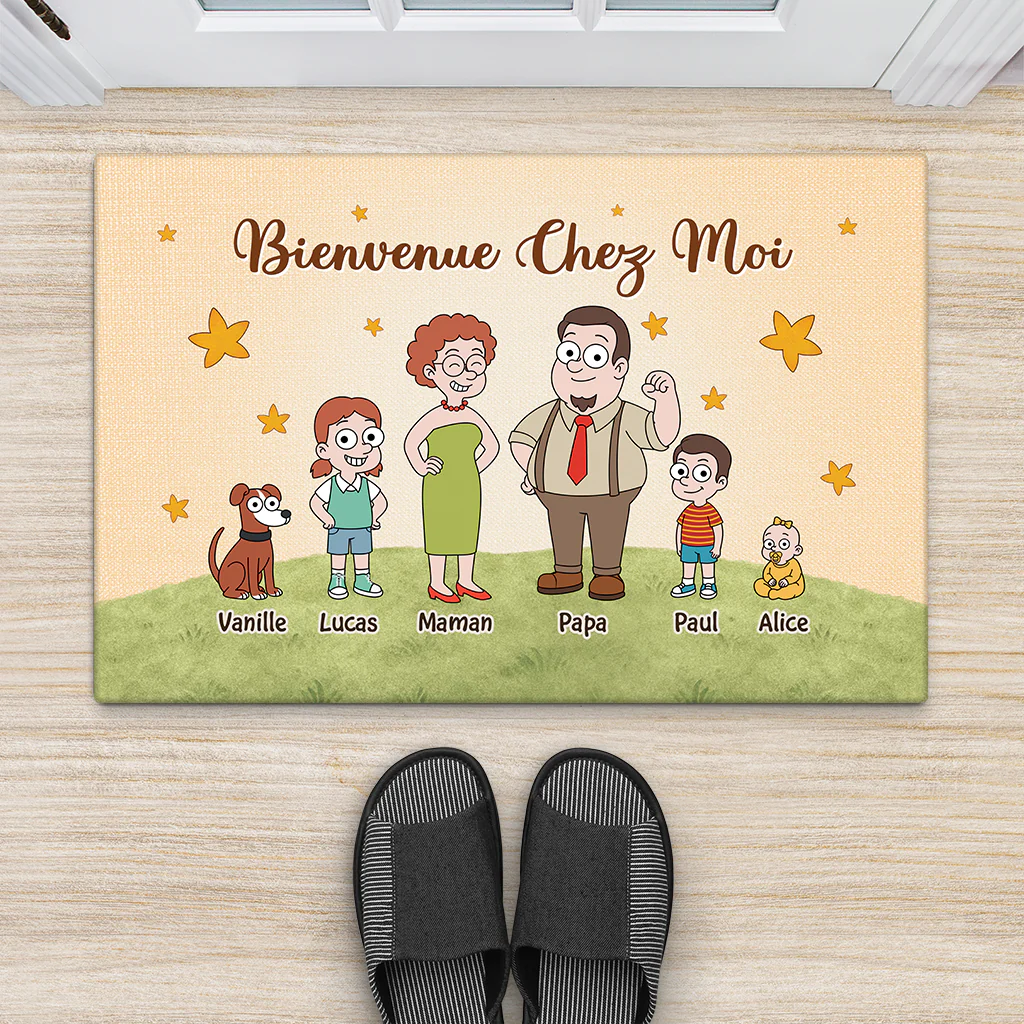 Paillasson Bienvenue Personnalisé – Famille Et Animaux Design Cartoon - Image 2