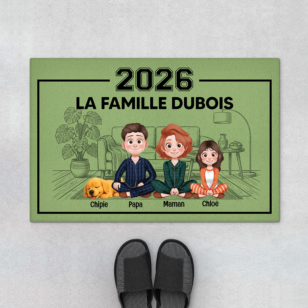 Paillasson Maison Personnalisé – La Famille Avec Chat Et Chien Prénoms