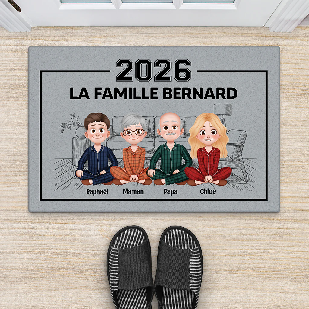 Paillasson Maison Personnalisé – La Famille Avec Chat Et Chien Prénoms - Image 2