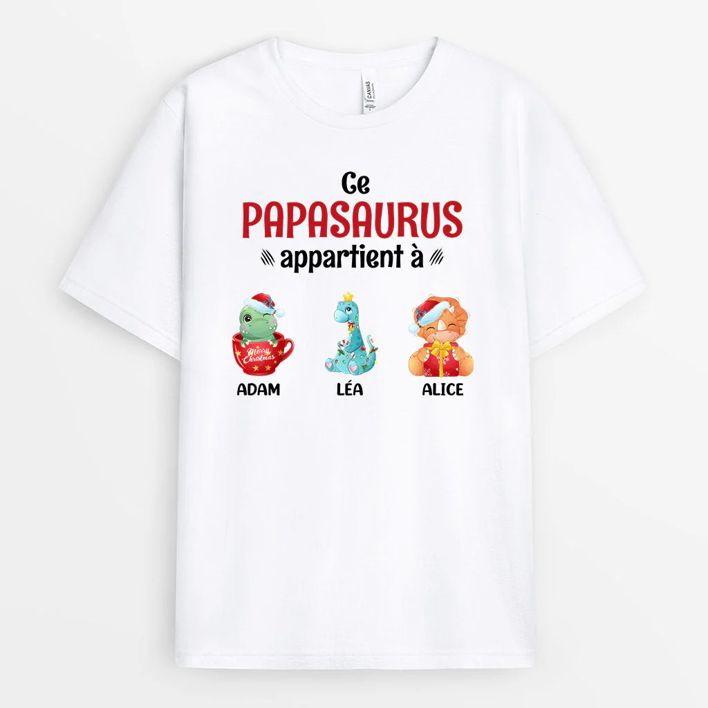 Tee Shirt Personnalisé Papy - Ce Papisaurus Papasaurus Appartient À Petits Dinosaures Noël