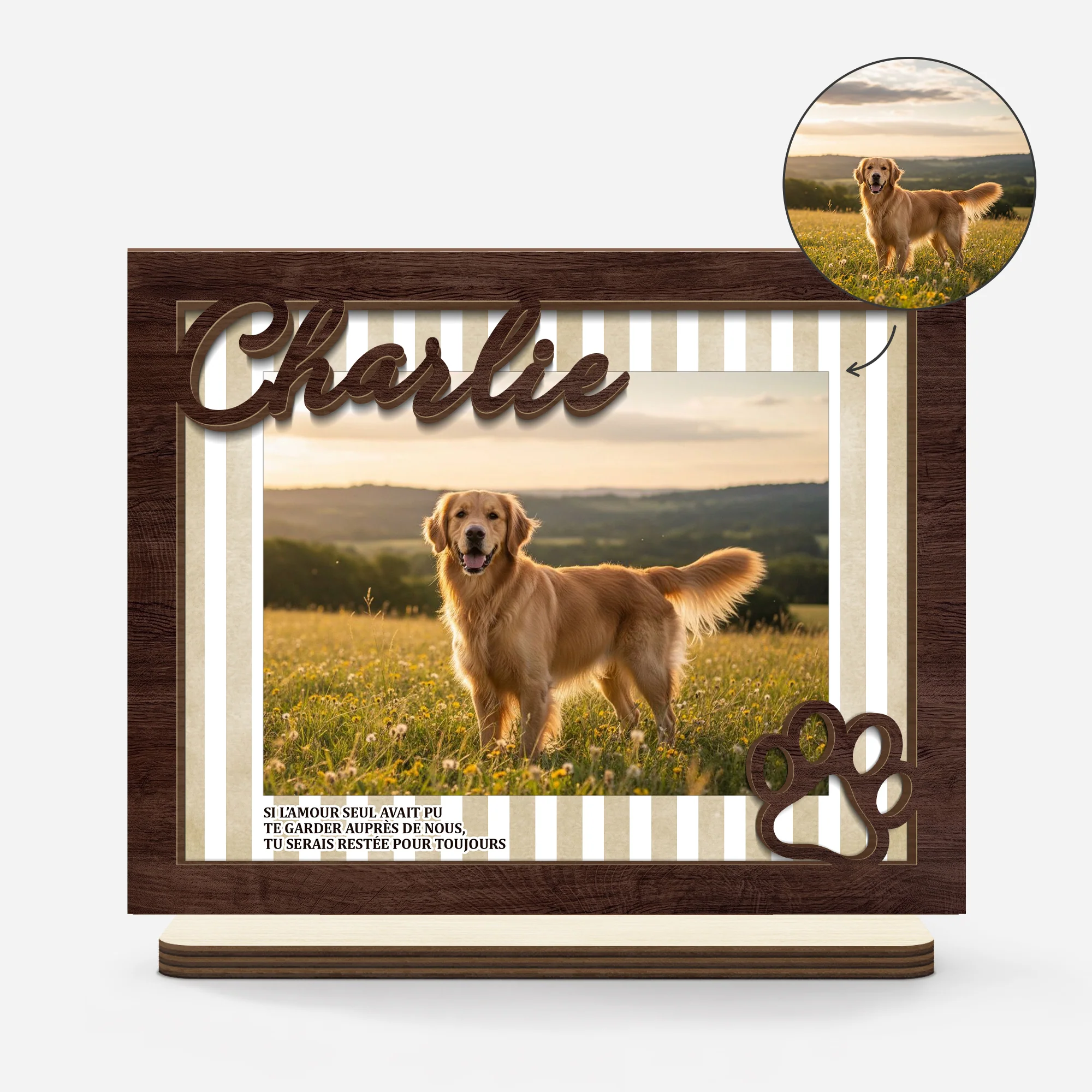 Plaque Bois Personnaisée Photo Commémorative Et Motif Rayé - Cadeau Souvenir Animal De Compagnie