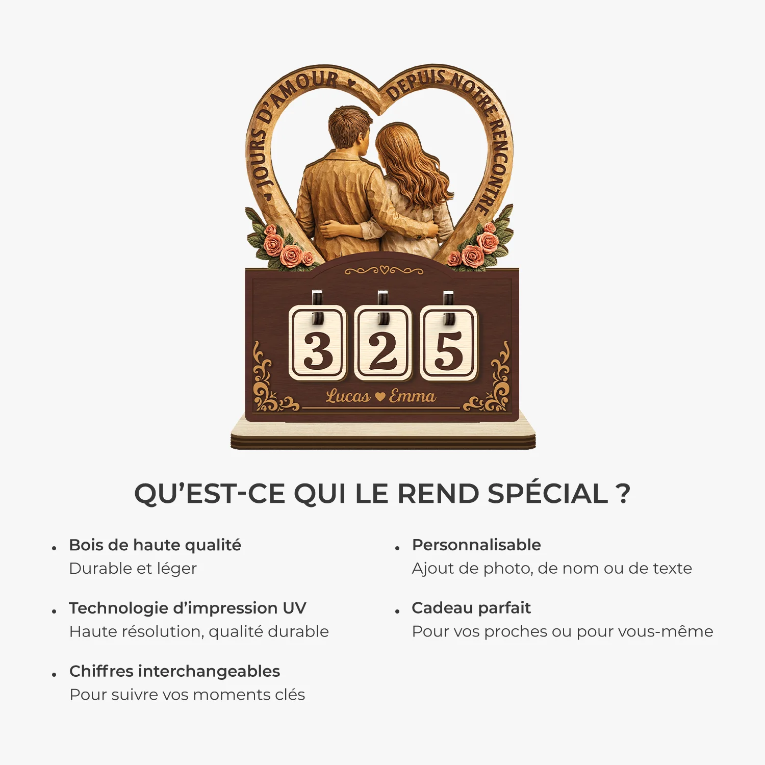 Plaque Compteur En Bois Personnalisé Pour Couple - Nos Jours En Amour - Image 5