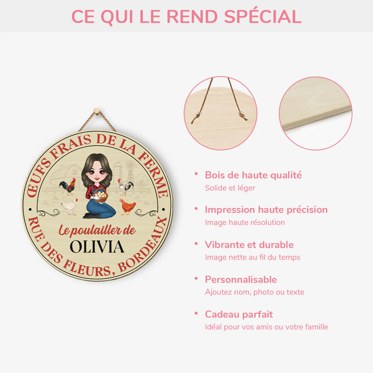 Plaque De Porte Bois Personnalisée À Suspendre - Cadeau Femme Pour Sa Ferme Poule - Image 4