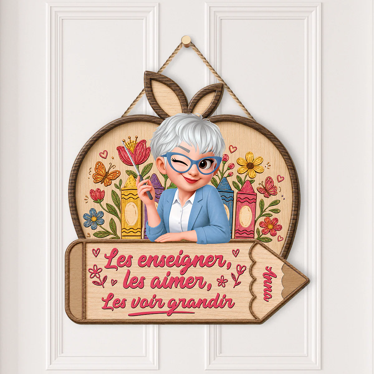 Plaque De Porte Bois Personnalisée À Suspendre - Maîtresse Les Voir Grandir - Image 2