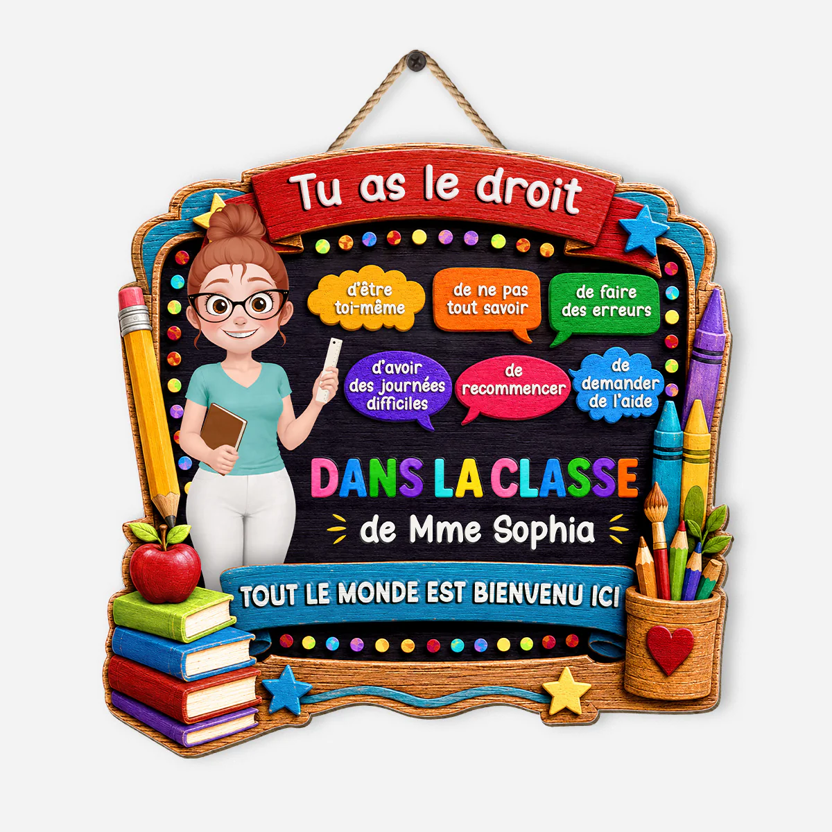Plaque De Porte Bois Personnalisée Pour Professeur - Dans Cette Classe Tout Le Monde Est Le Bienvenu