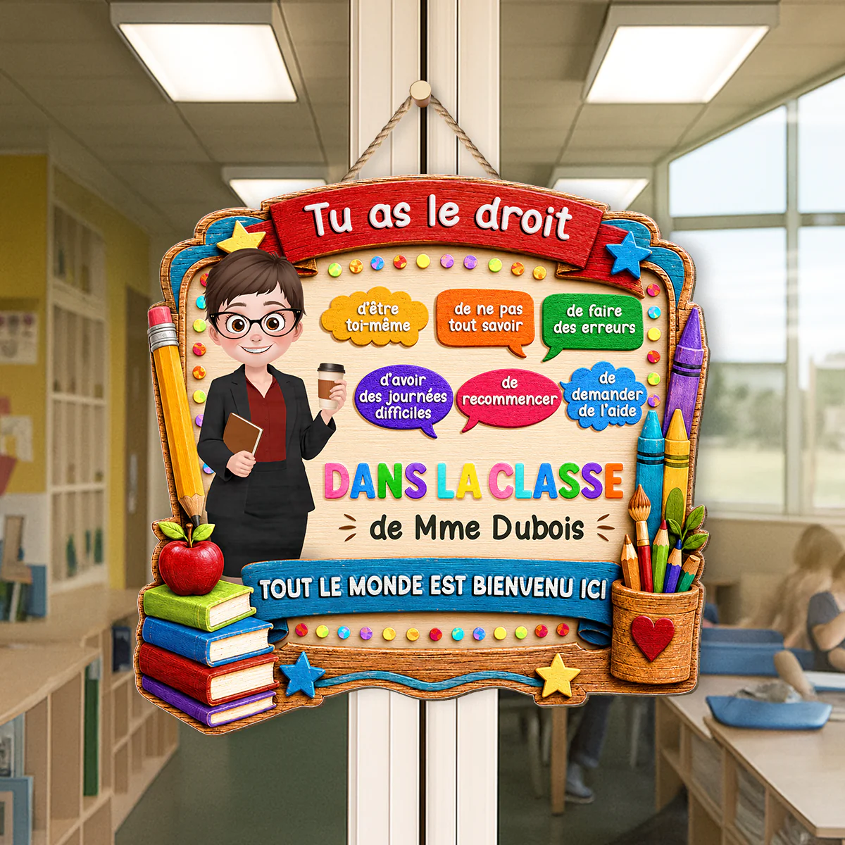 Plaque De Porte Bois Personnalisée Pour Professeur - Dans Cette Classe Tout Le Monde Est Le Bienvenu - Image 2