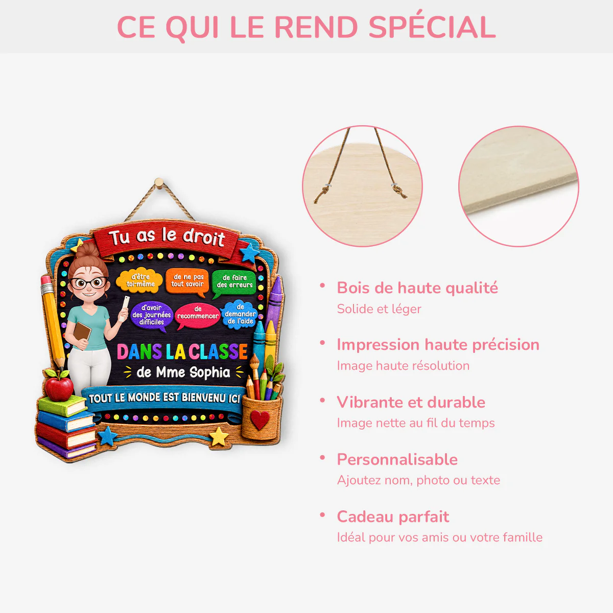 Plaque De Porte Bois Personnalisée Pour Professeur - Dans Cette Classe Tout Le Monde Est Le Bienvenu - Image 4
