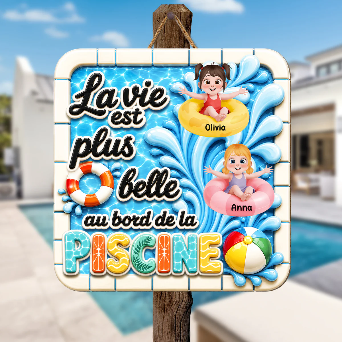Plaque En Bois Personnalisable Enfant Pour Été - La Vie Est Belle Au Bord De La Piscine - Image 2