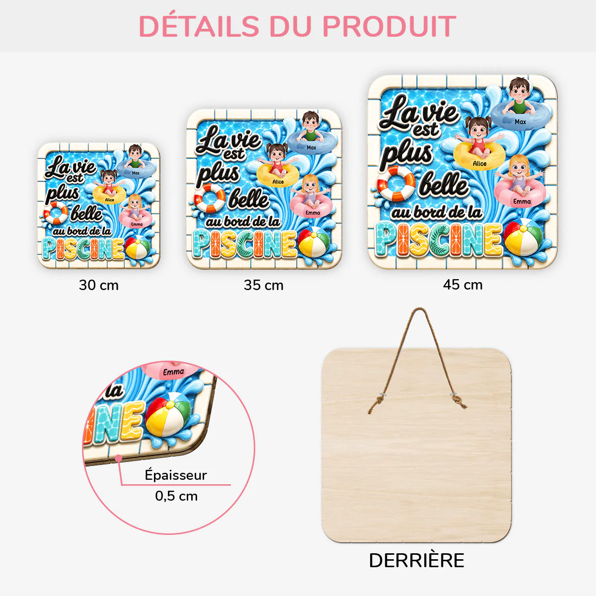 Plaque En Bois Personnalisable Enfant Pour Été - La Vie Est Belle Au Bord De La Piscine - Image 3