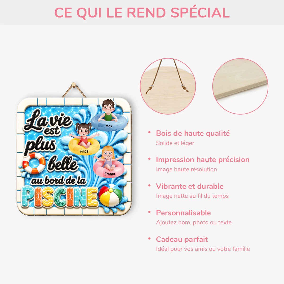 Plaque En Bois Personnalisable Enfant Pour Été - La Vie Est Belle Au Bord De La Piscine - Image 4