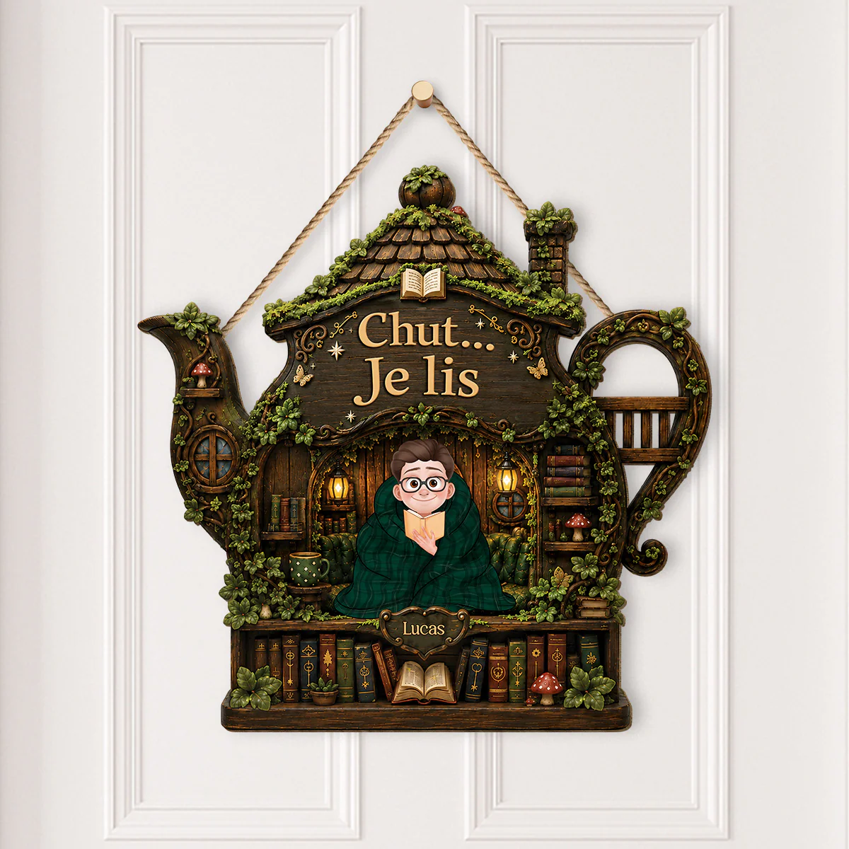 Plaque En Bois Personnalisée À Suspendre Amoureux Des Livres Femme/Homme - Chut Je Lis - Image 2