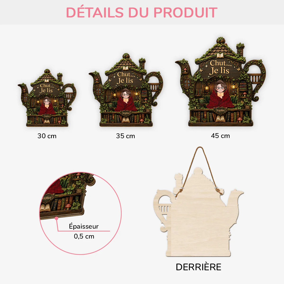 Plaque En Bois Personnalisée À Suspendre Amoureux Des Livres Femme/Homme - Chut Je Lis - Image 3