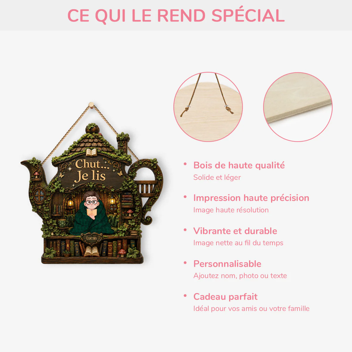 Plaque En Bois Personnalisée À Suspendre Amoureux Des Livres Femme/Homme - Chut Je Lis - Image 4