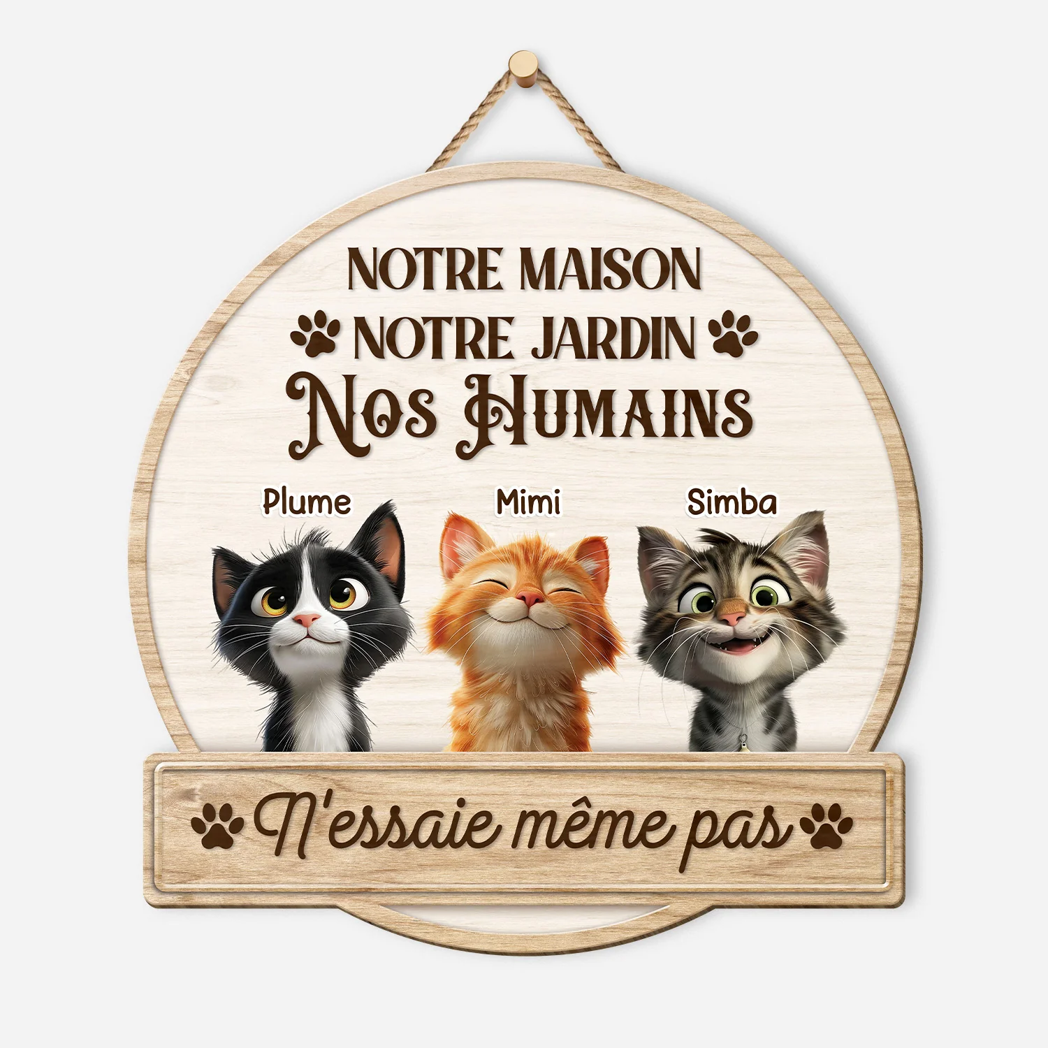 Cadeau Personnalisé Chat | Plaque Bois À Suspendre N'Essaie Même Pas