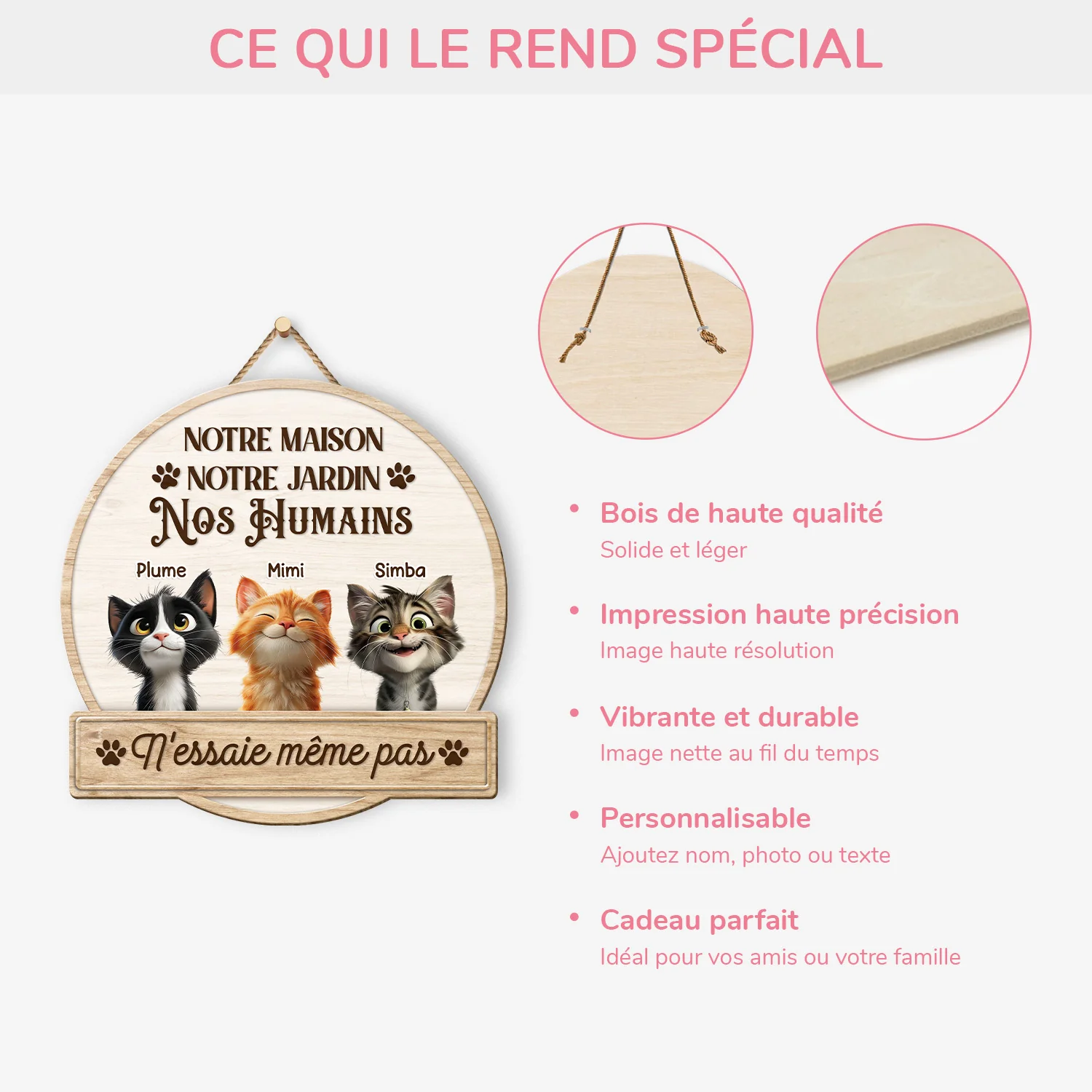Cadeau Personnalisé Chat | Plaque Bois À Suspendre N'Essaie Même Pas - Image 4