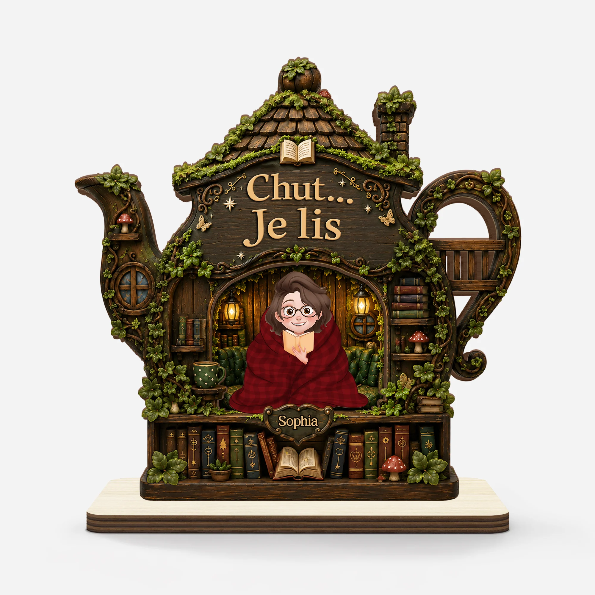 Plaque En Bois Personnalisée Avec Support Plat Amoureux Des Livres Femme/Homme - Chut Je Lis