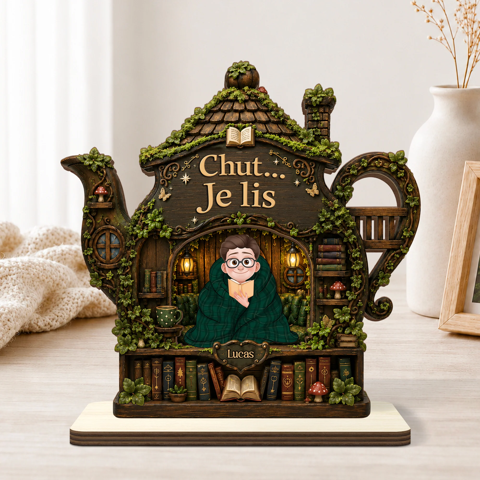 Plaque En Bois Personnalisée Avec Support Plat Amoureux Des Livres Femme/Homme - Chut Je Lis - Image 2