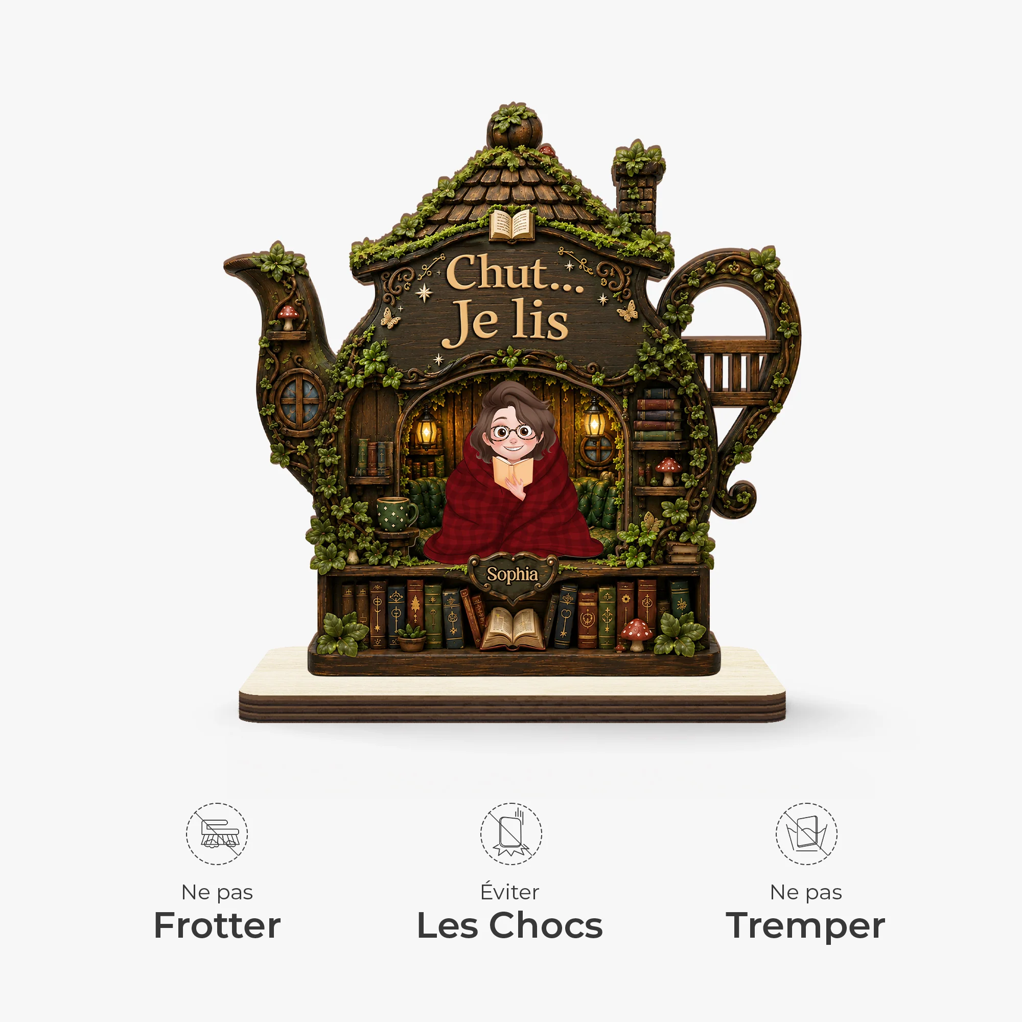 Plaque En Bois Personnalisée Avec Support Plat Amoureux Des Livres Femme/Homme - Chut Je Lis - Image 5