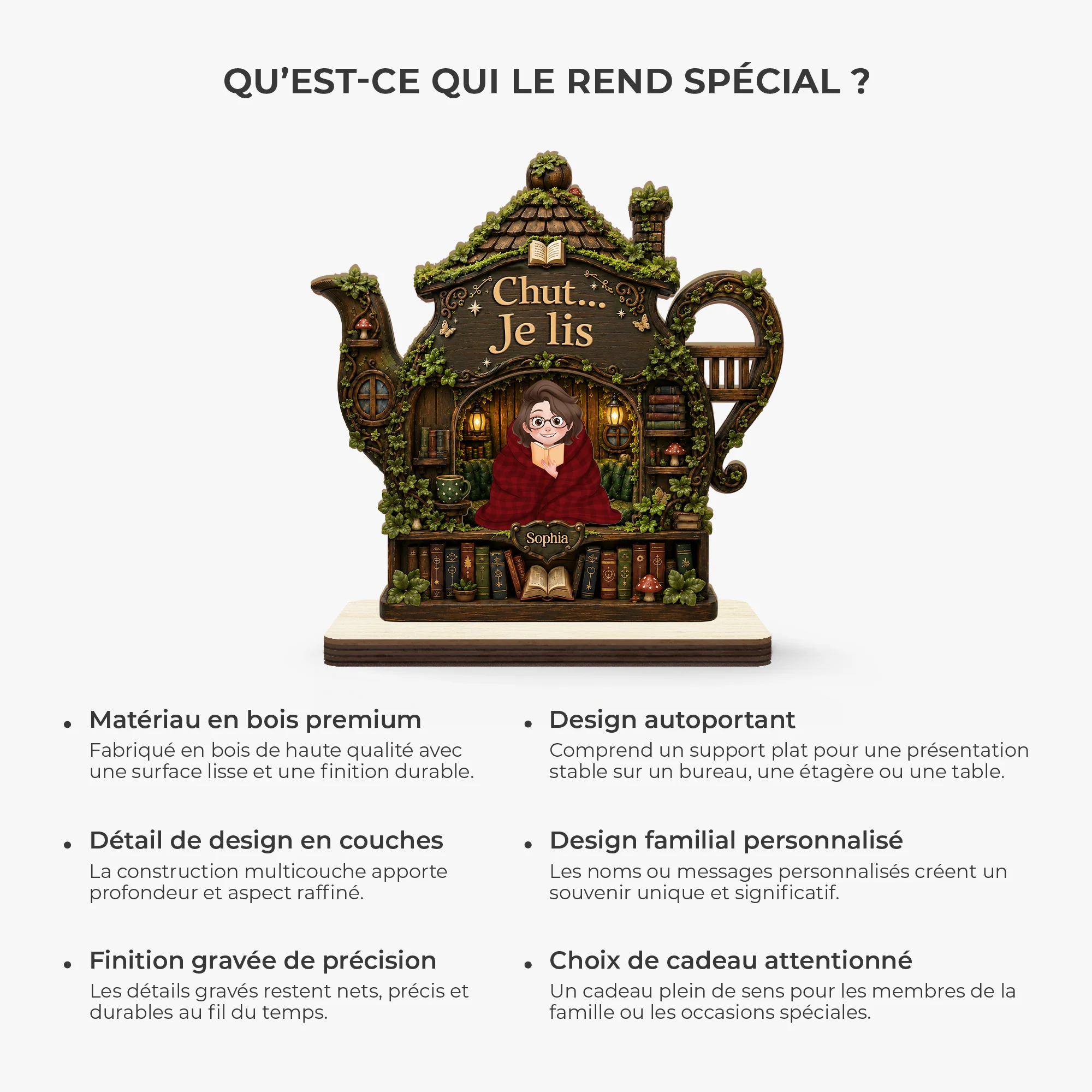 Plaque En Bois Personnalisée Avec Support Plat Amoureux Des Livres Femme/Homme - Chut Je Lis - Image 6
