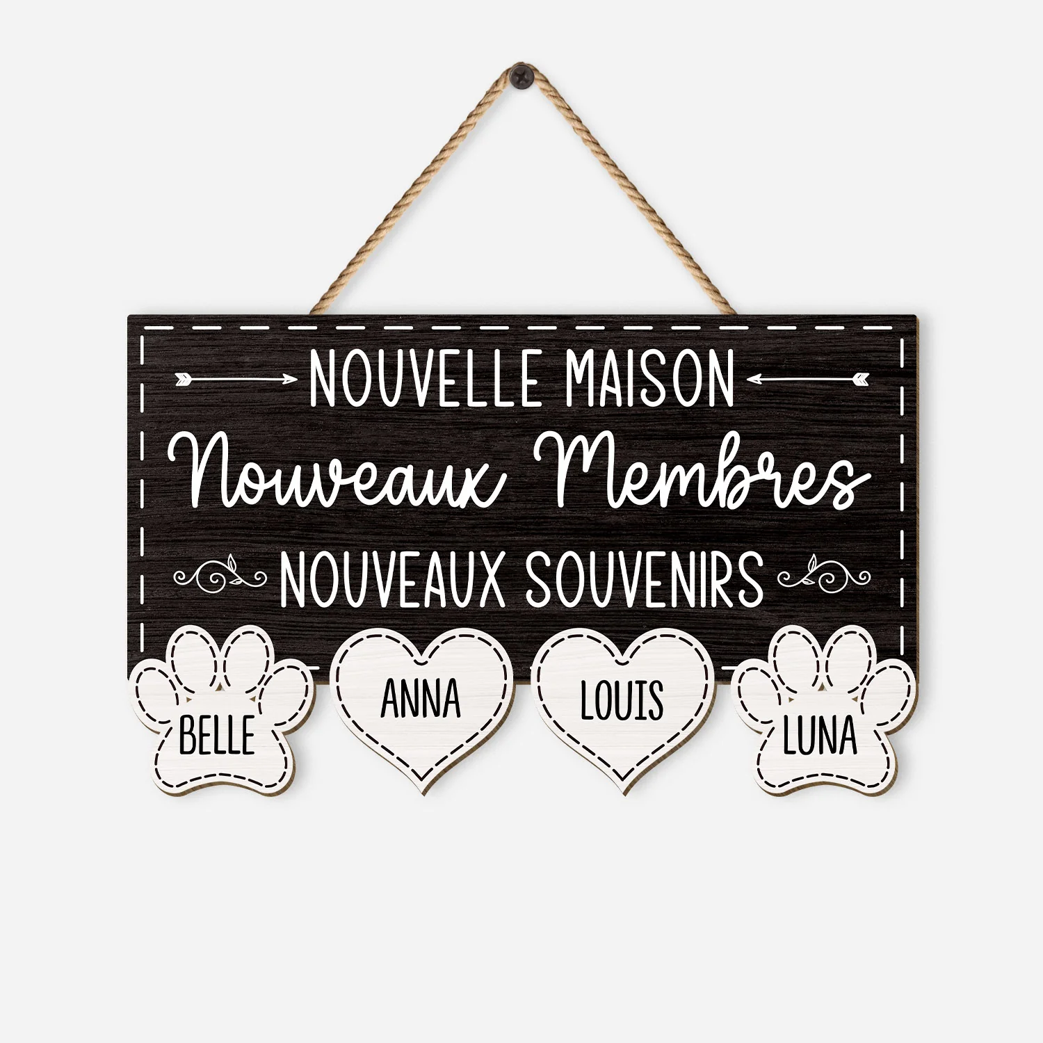 Plaque En Bois Personnalisée Famille - Nouvelle Maison Avec Coeur Et Pattte