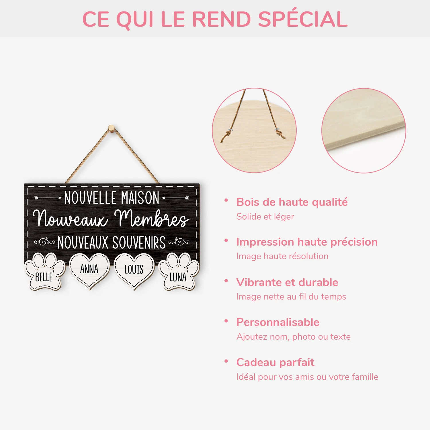 Plaque En Bois Personnalisée Famille - Nouvelle Maison Avec Coeur Et Pattte - Image 4
